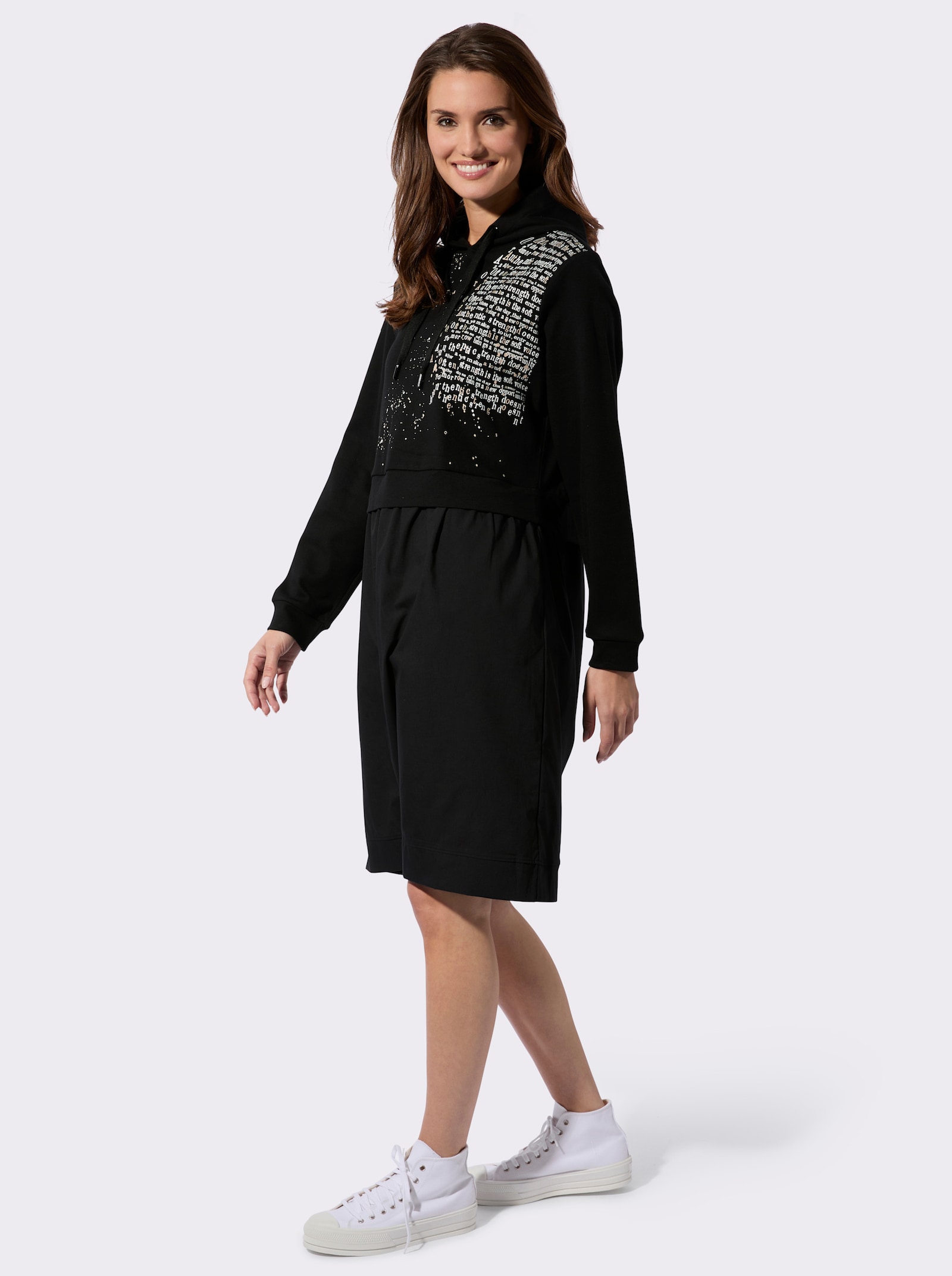 Sweatkleid mit gewebtem Rockteil - schwarz-weiß