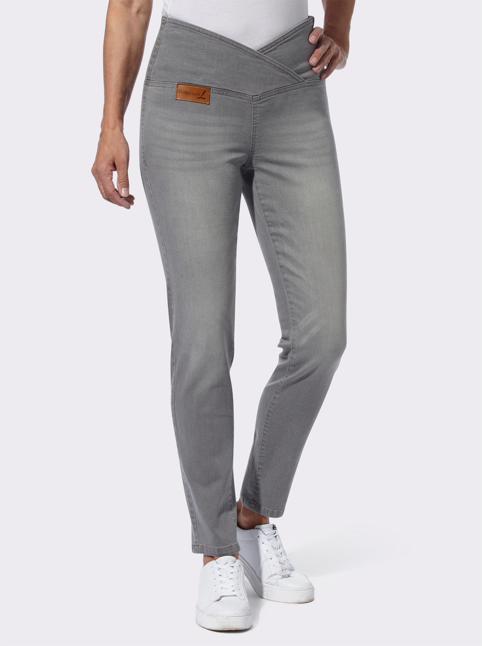 Stretch-Jeans mit überlappendem Bund - light grey-denim