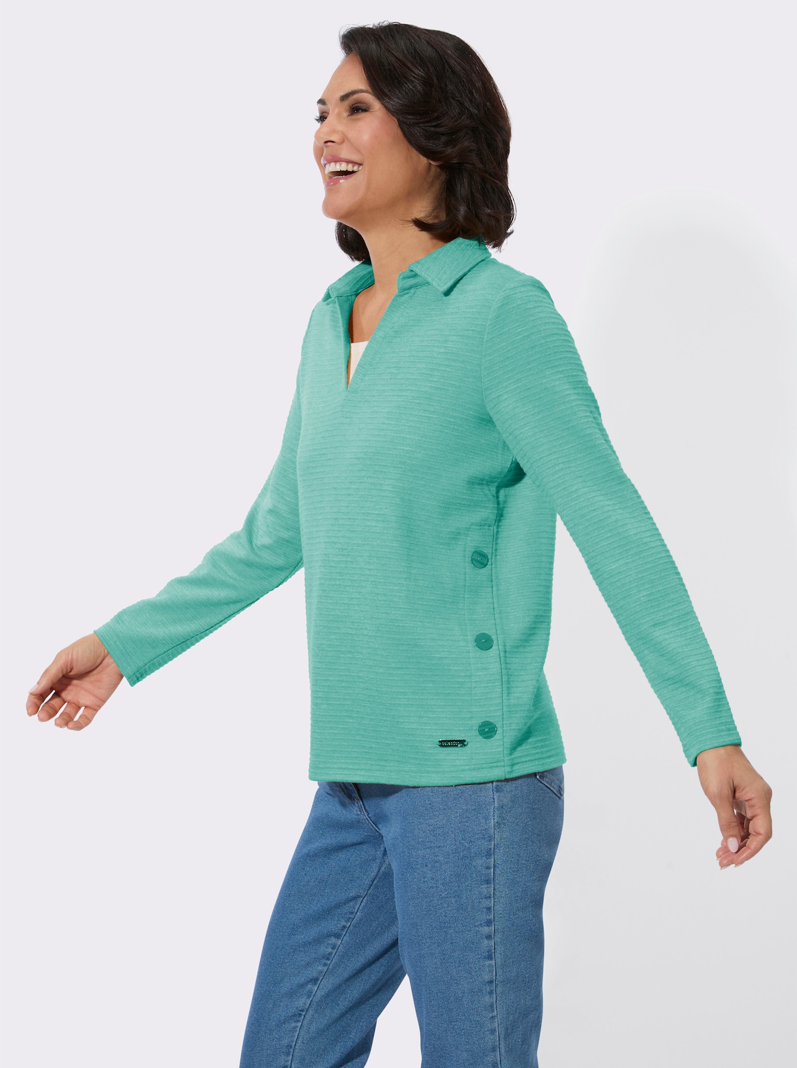Poloshirt mit seitlicher Knopfleiste - smaragd-meliert