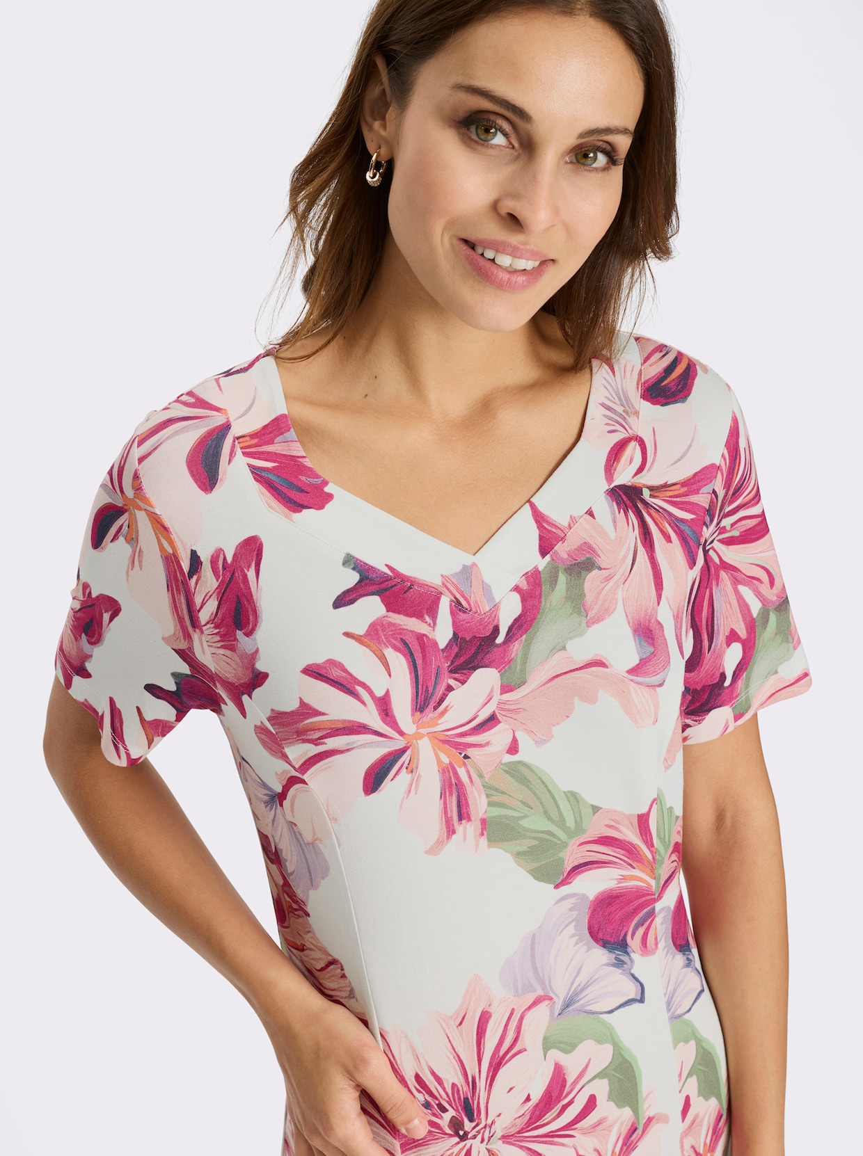 Jerseykleid - ecru-magenta-bedruckt
