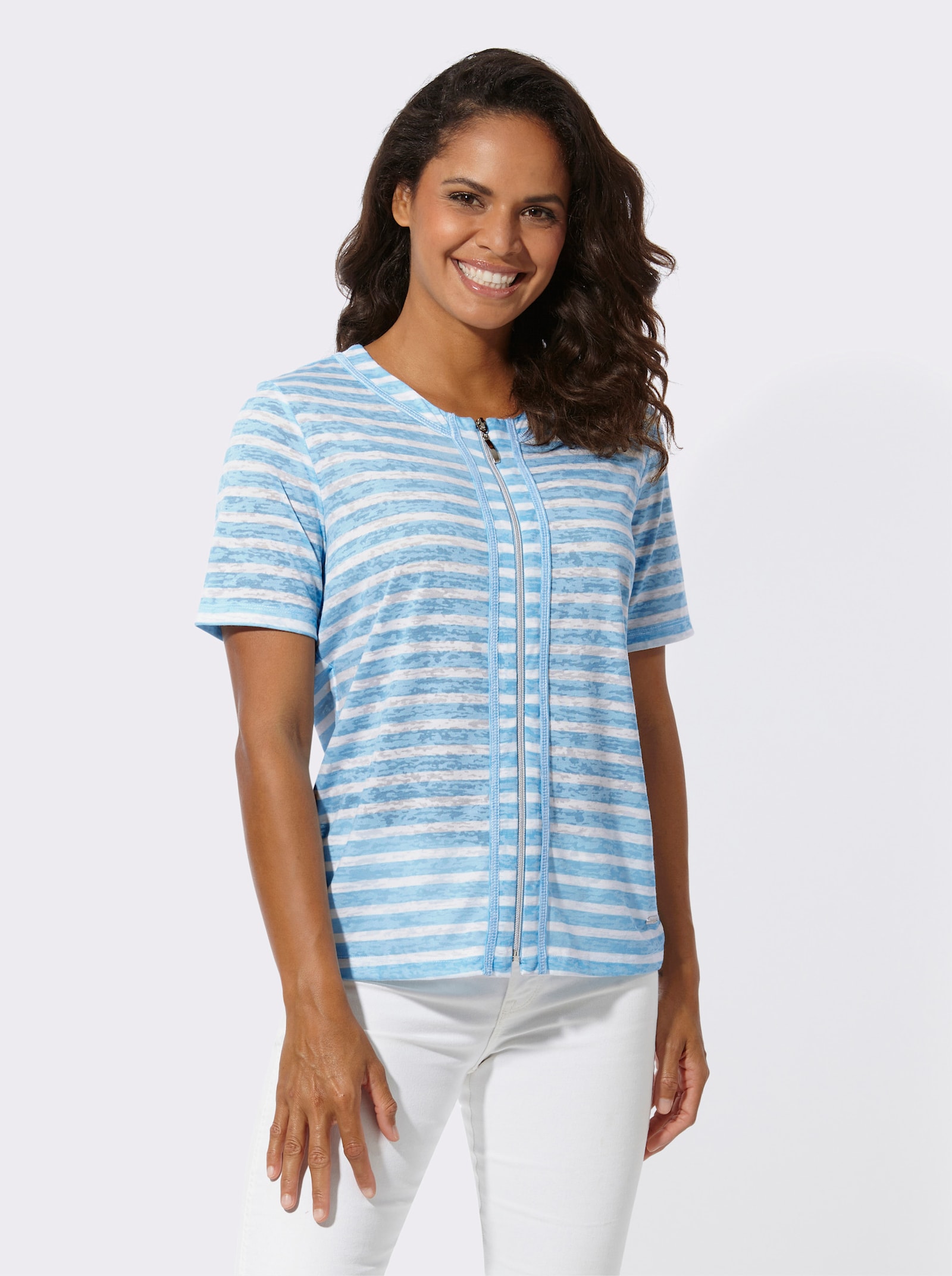 Shirtjacke mit kurzen Ärmeln, geringelt - aqua-ecru-geringelt