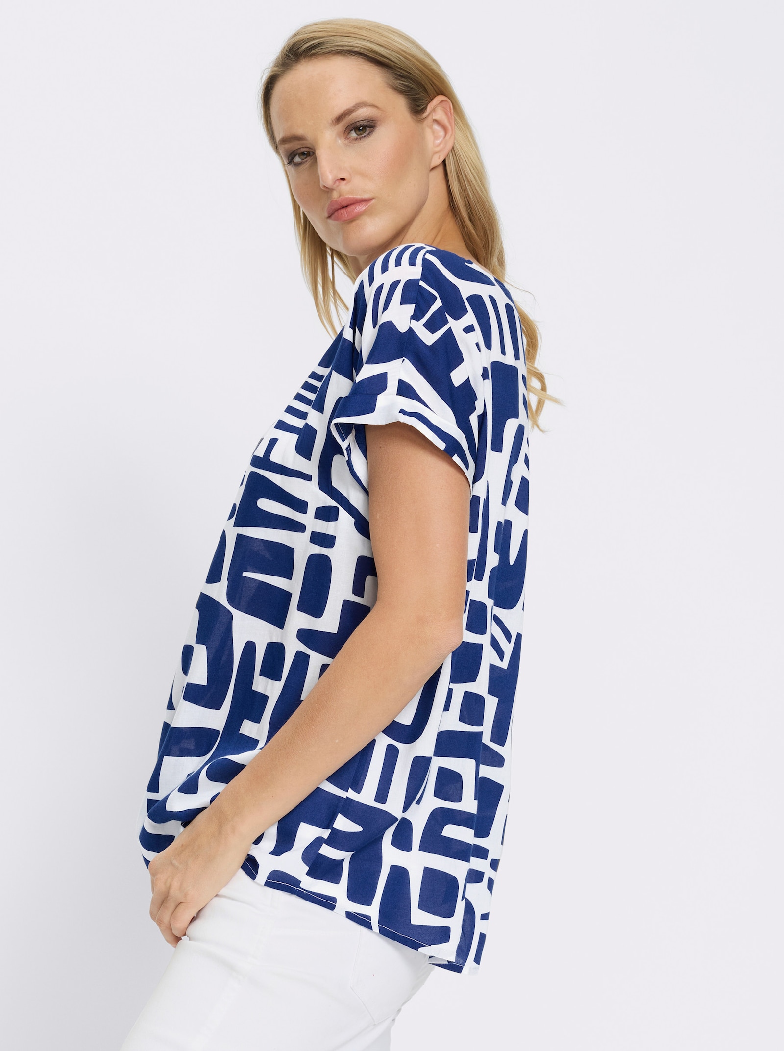 heine Kurzarmbluse mit - royalblau-ecru-bedruckt