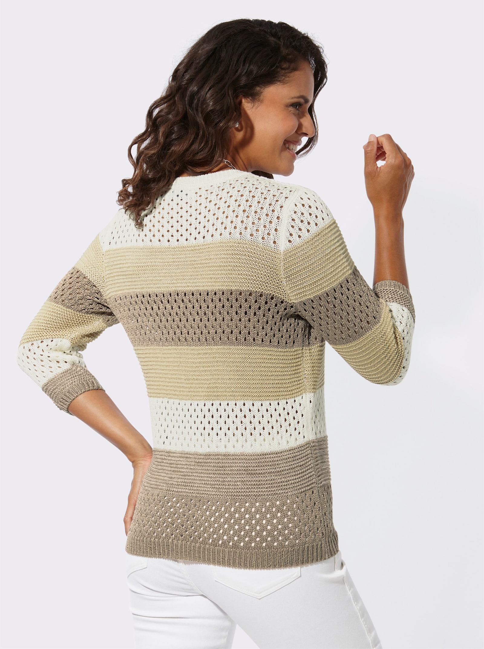 Ajourpullover aus Bändchengarn - sesam-ecru-geringelt
