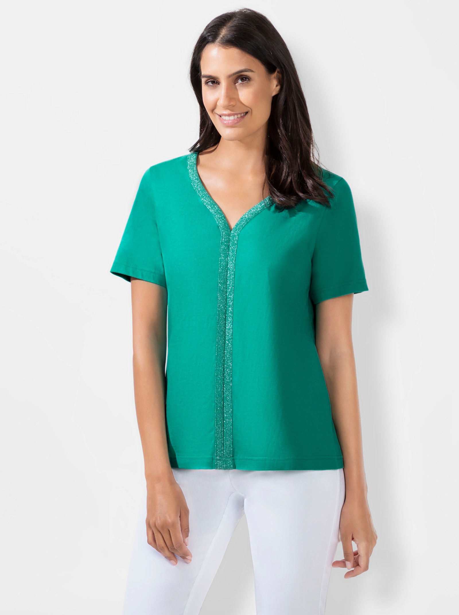 Kurzarmshirt mit silberfarbiger Paspel - smaragd