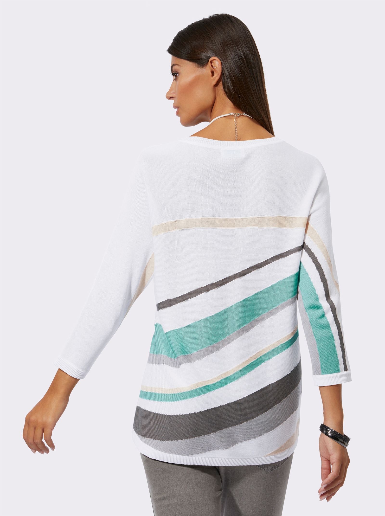 3/4 Arm-Pullover mit grafischem Intarsienmuster - elfenbein-salbei-bedruckt