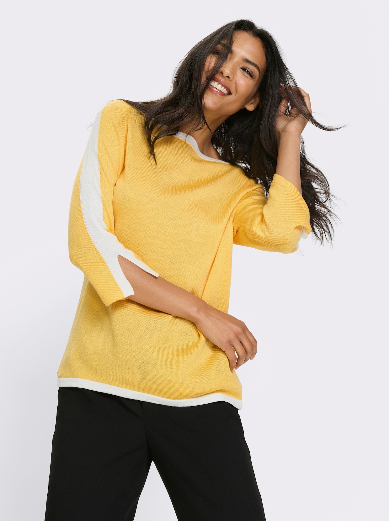 3/4 Arm-Pullover - gelb-weiß