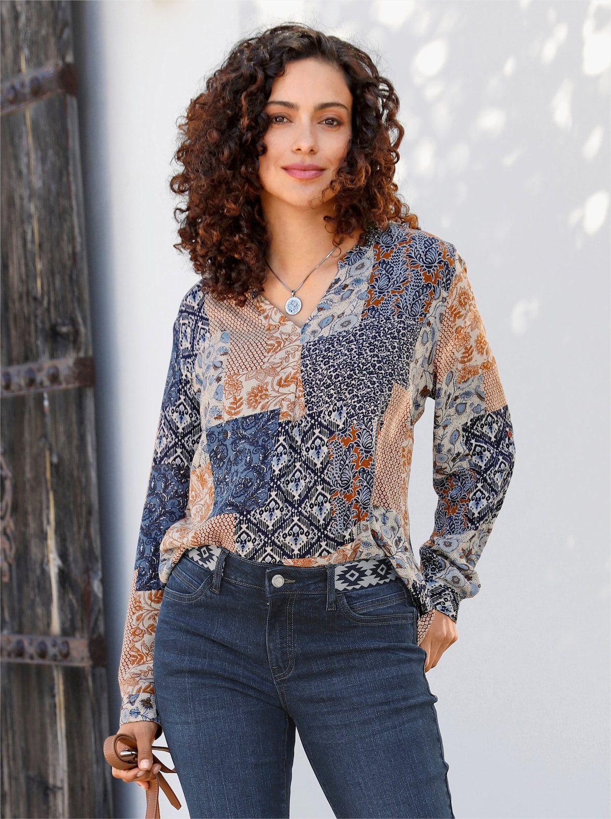 Blouse met print - duivenblauw/cognac bedrukt