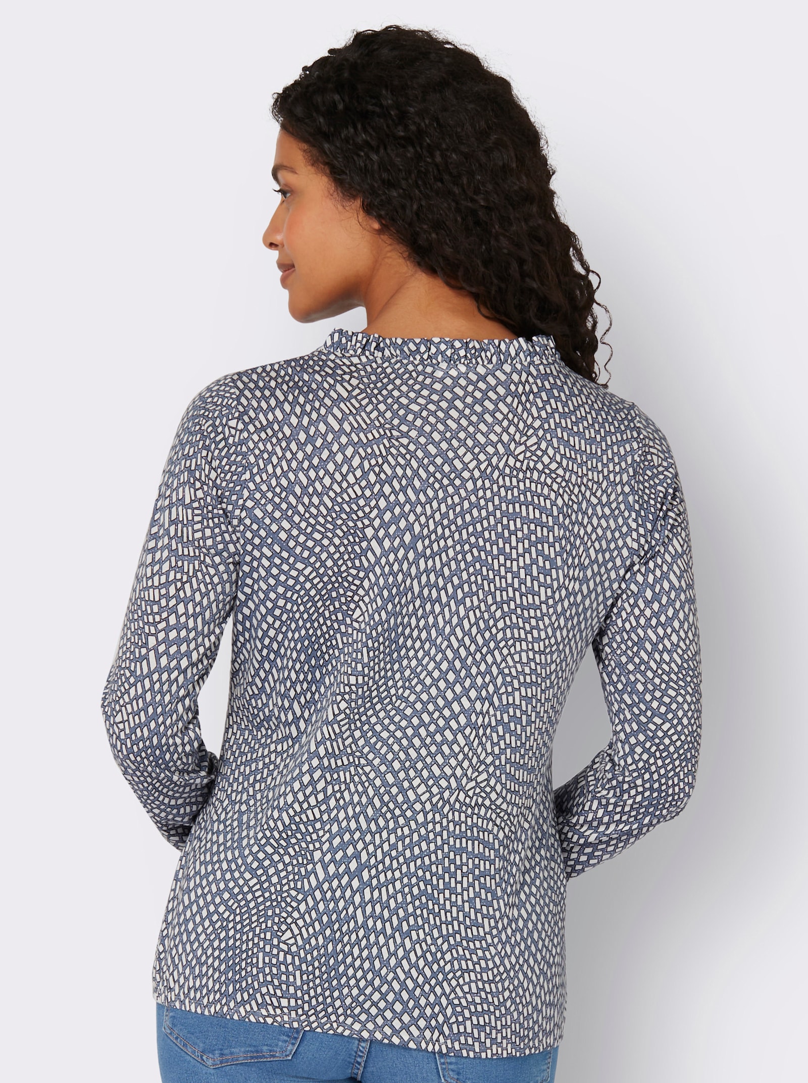 Langarmshirt im Material-Mix - rauchblau-ecru-bedruckt