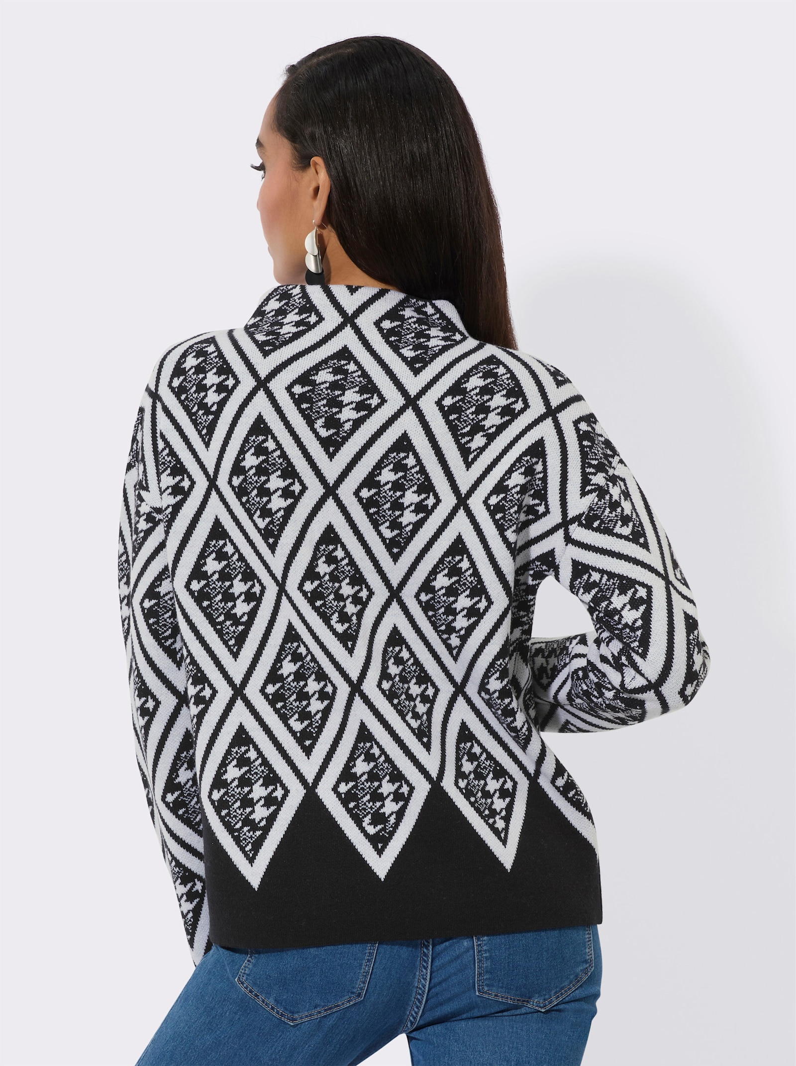 Jacquard-Pullover mit Schurwoll-Anteil - schwarz-ecru-gemustert