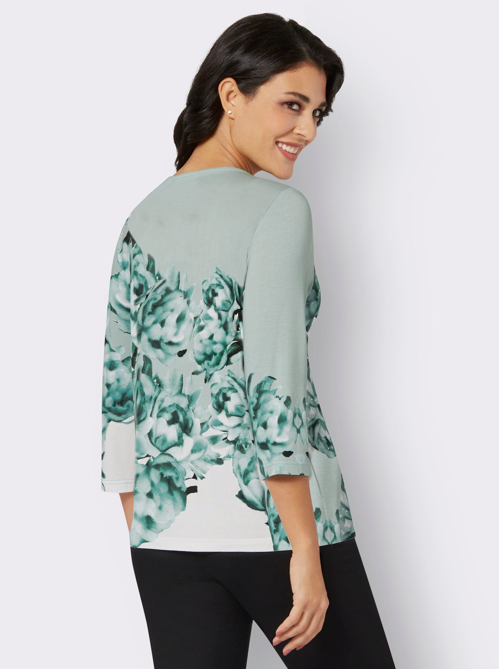 3/4-Arm-Shirt mit Glitzersteinchen - weiß-kalkmint-bedruckt