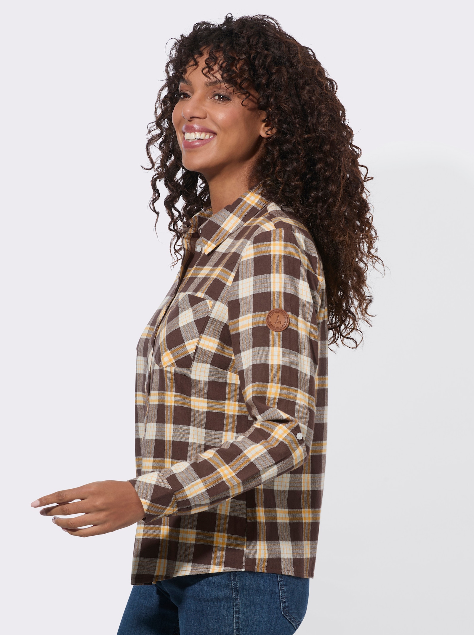 Flanellbluse mit abgerundetem Saum - schoko-ecru-kariert