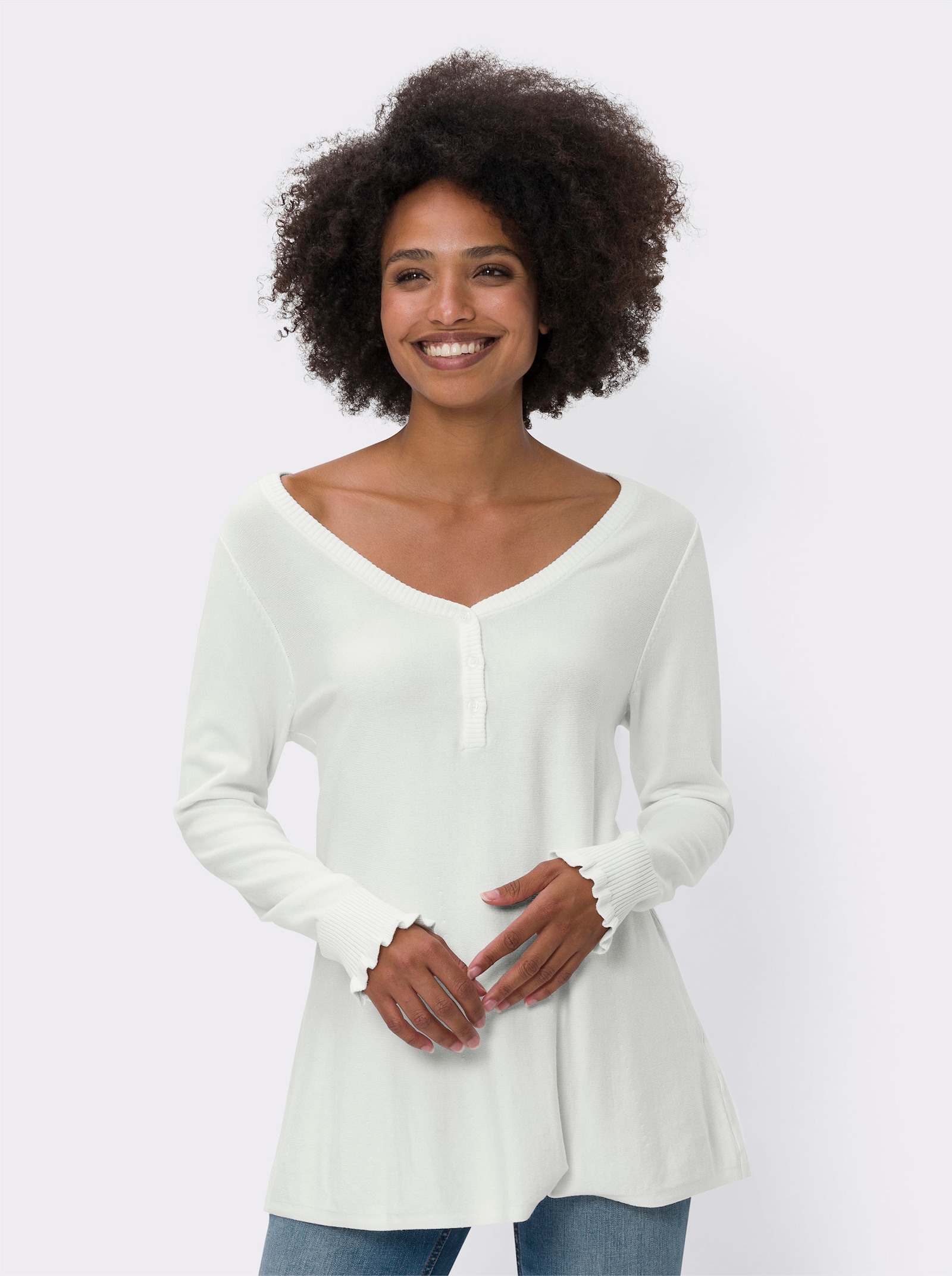 heine Longpullover Mit V-Ausschnitt, gerippt - ecru