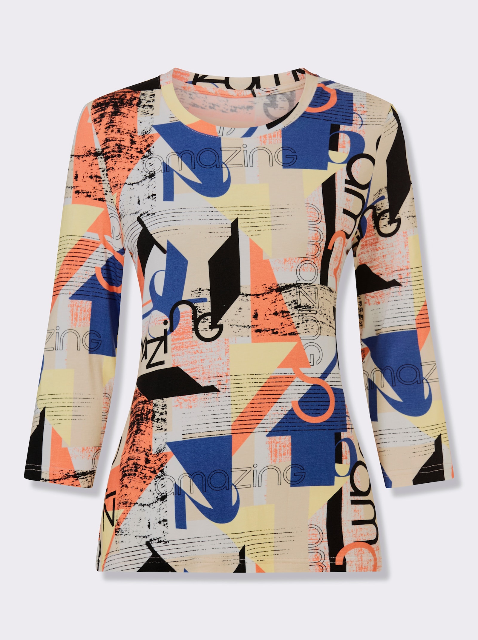 Print-Shirt mit 3/4-Ärmeln - royalblau-orange-bedruckt