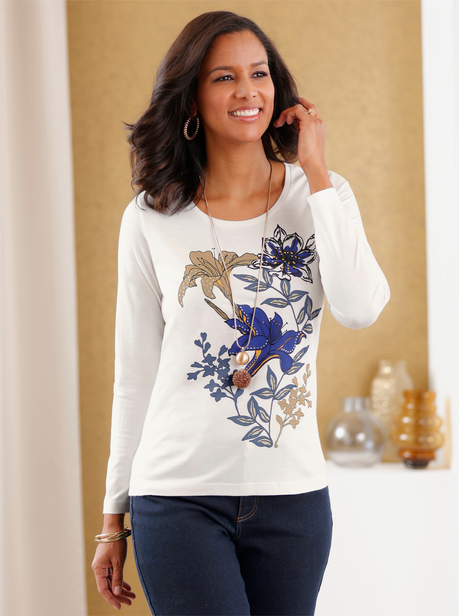 Shirt met lange mouwen en glittersteentjes - ecru/koningsblauw bedrukt