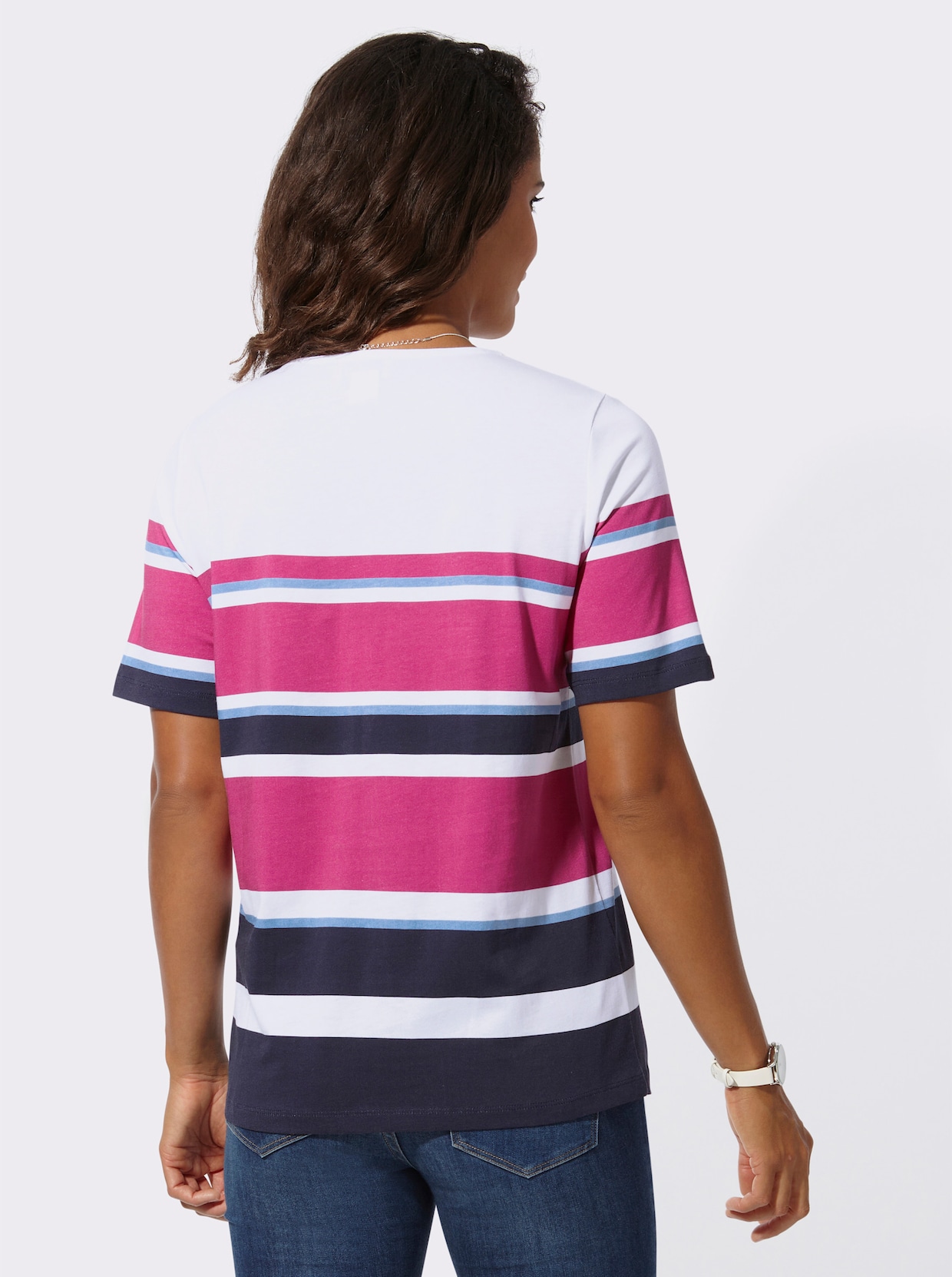 Streepjesshirt - marine/fuchsia gestreept