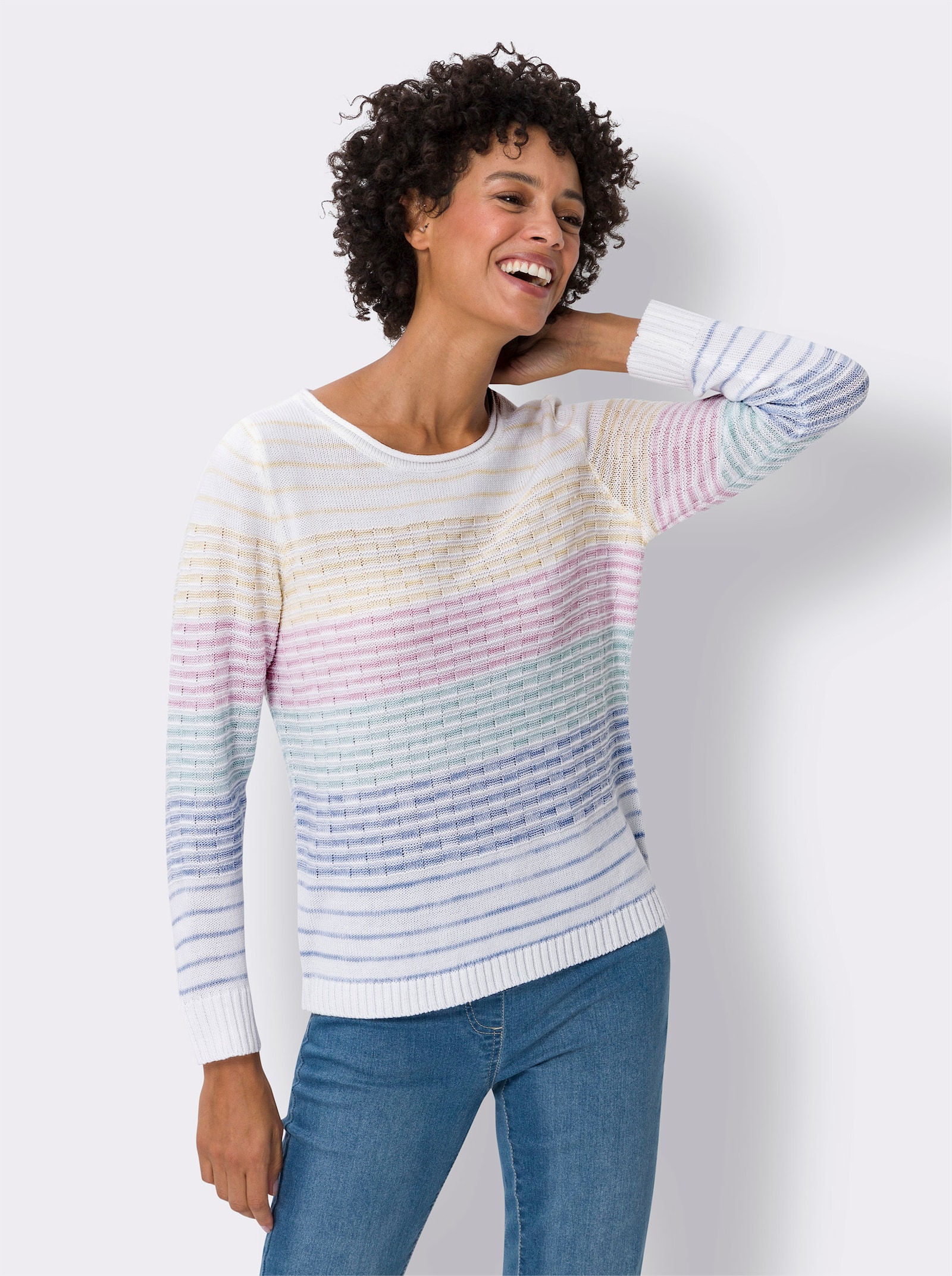 Pullover met lange mouwen en breipatroon - mint/roze gestreept
