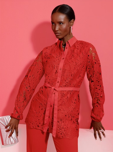  Spitzenbluse mit Bindegürtel - rot