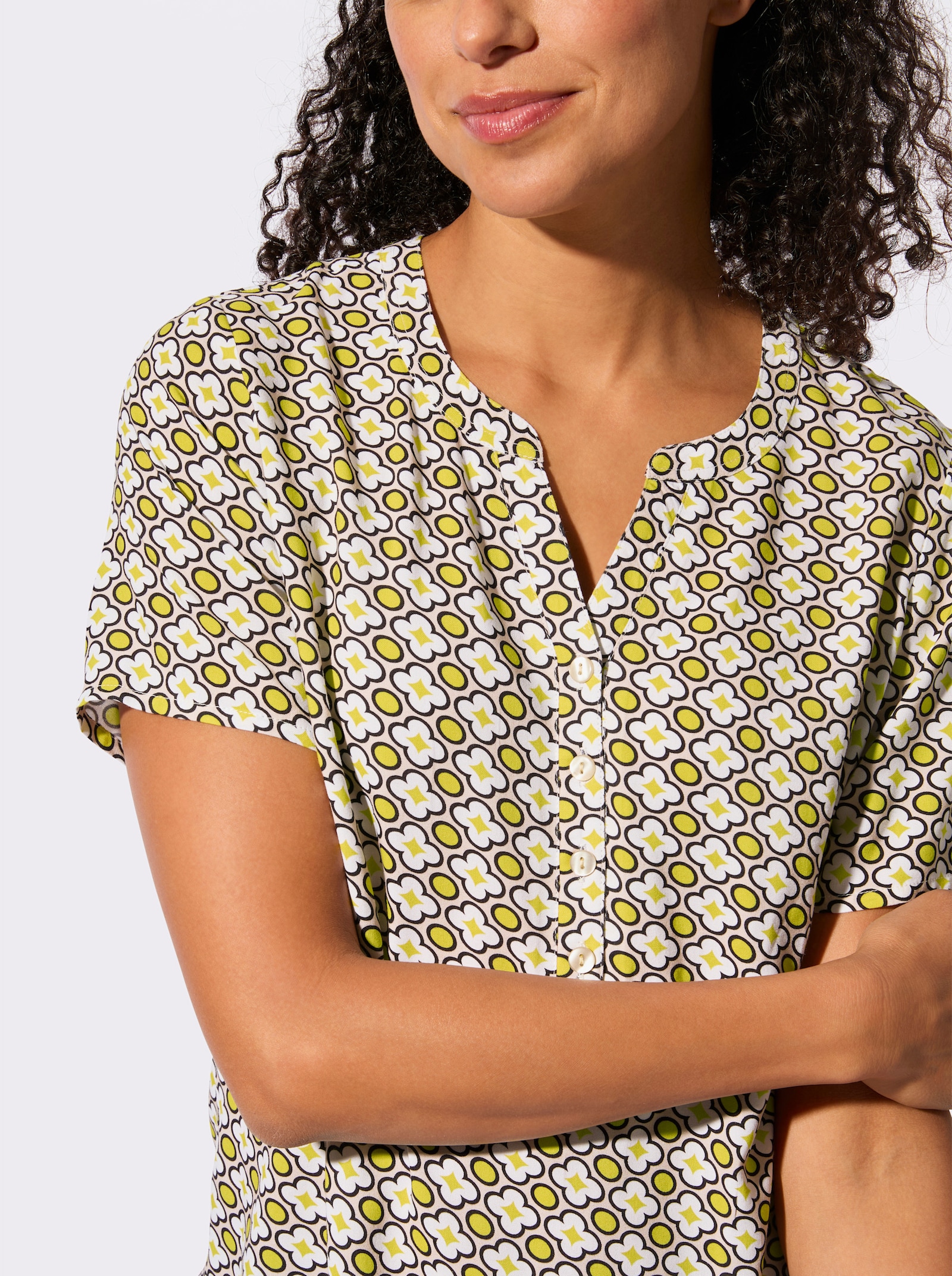 Kurzarmbluse in Schlupfform - sand-limone-bedruckt