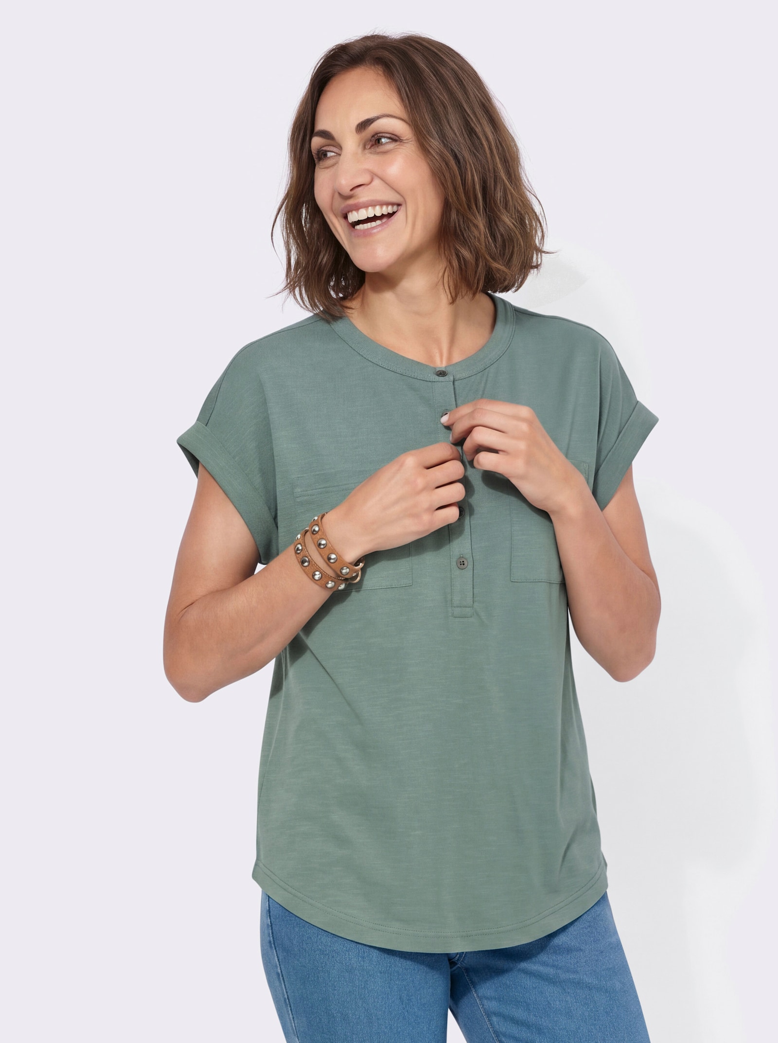 Kurzarmshirt mit Ärmelaufschlägen - jade