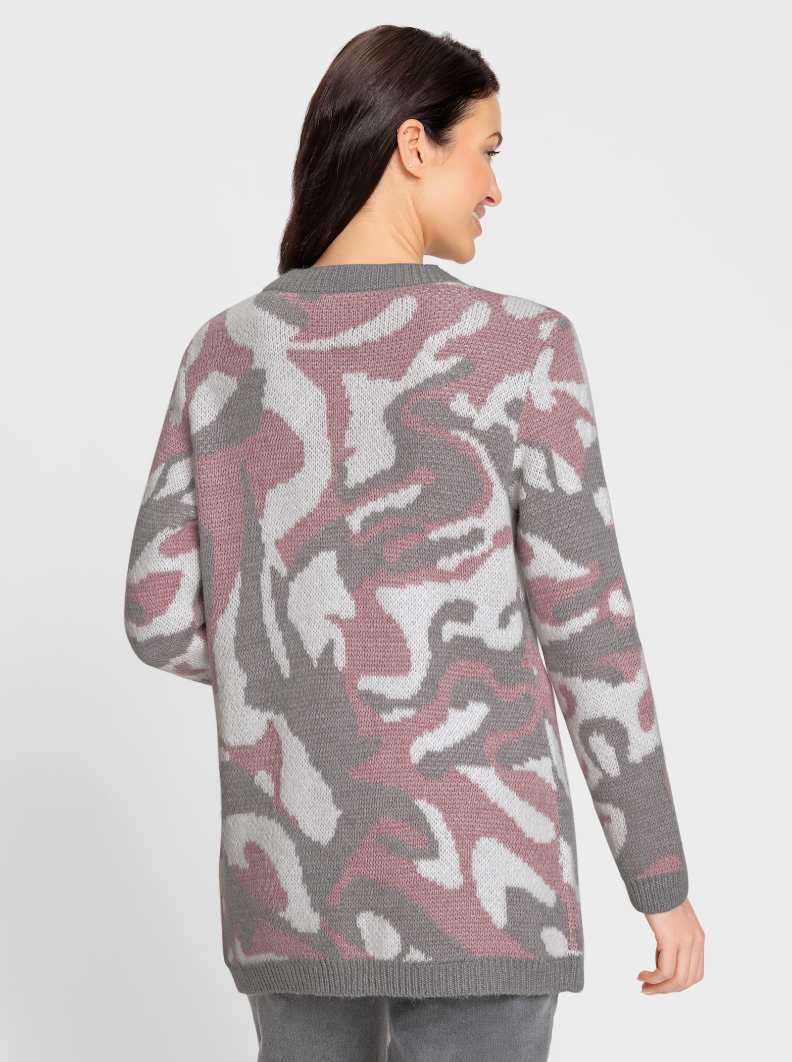 Žakárový pletený kabátek otevřeného střihu - hortenzie-kamenná šedá-vzor