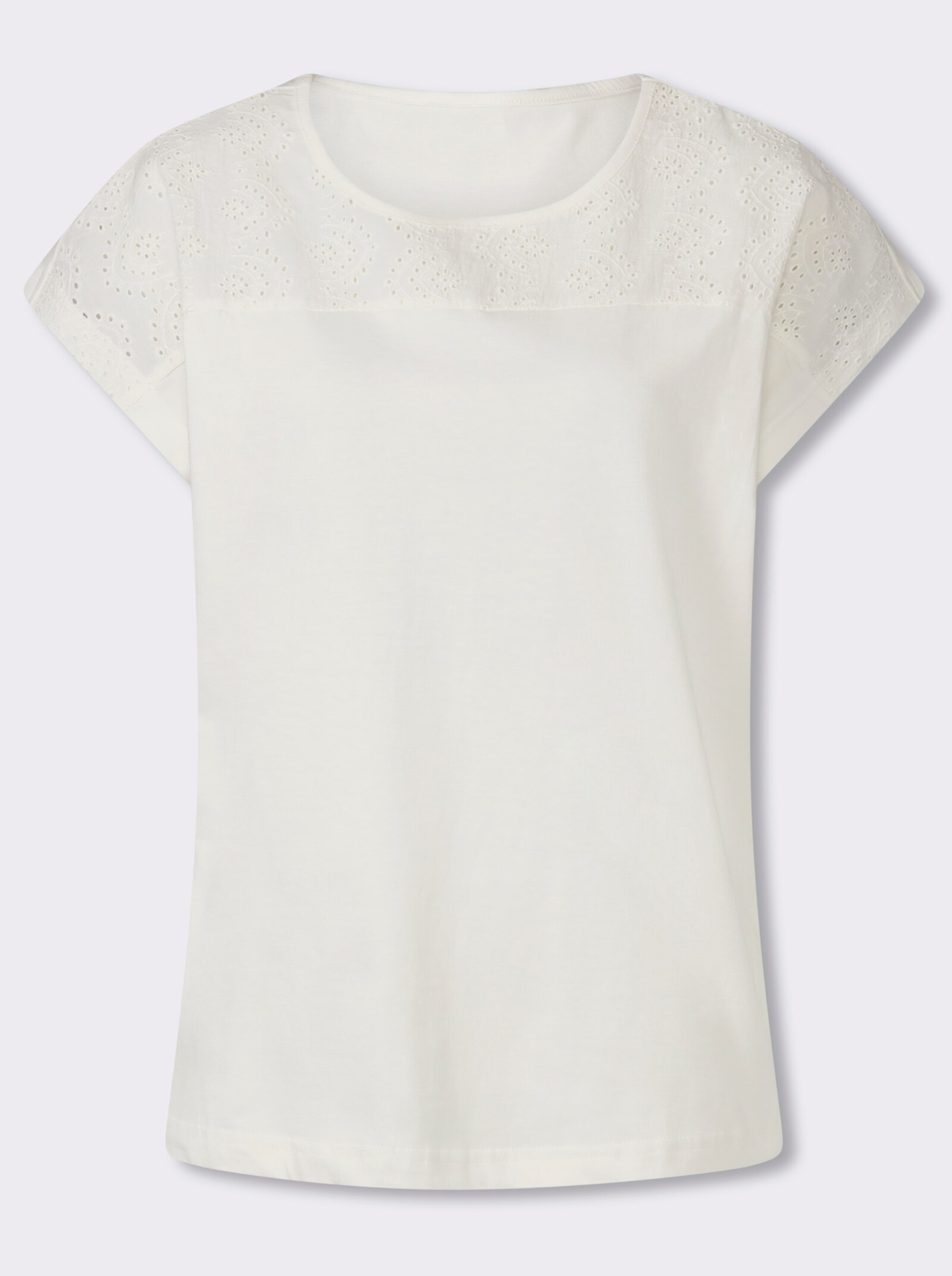 Kurzarmshirt mit Spitzen-Details, Baumwolle - ecru