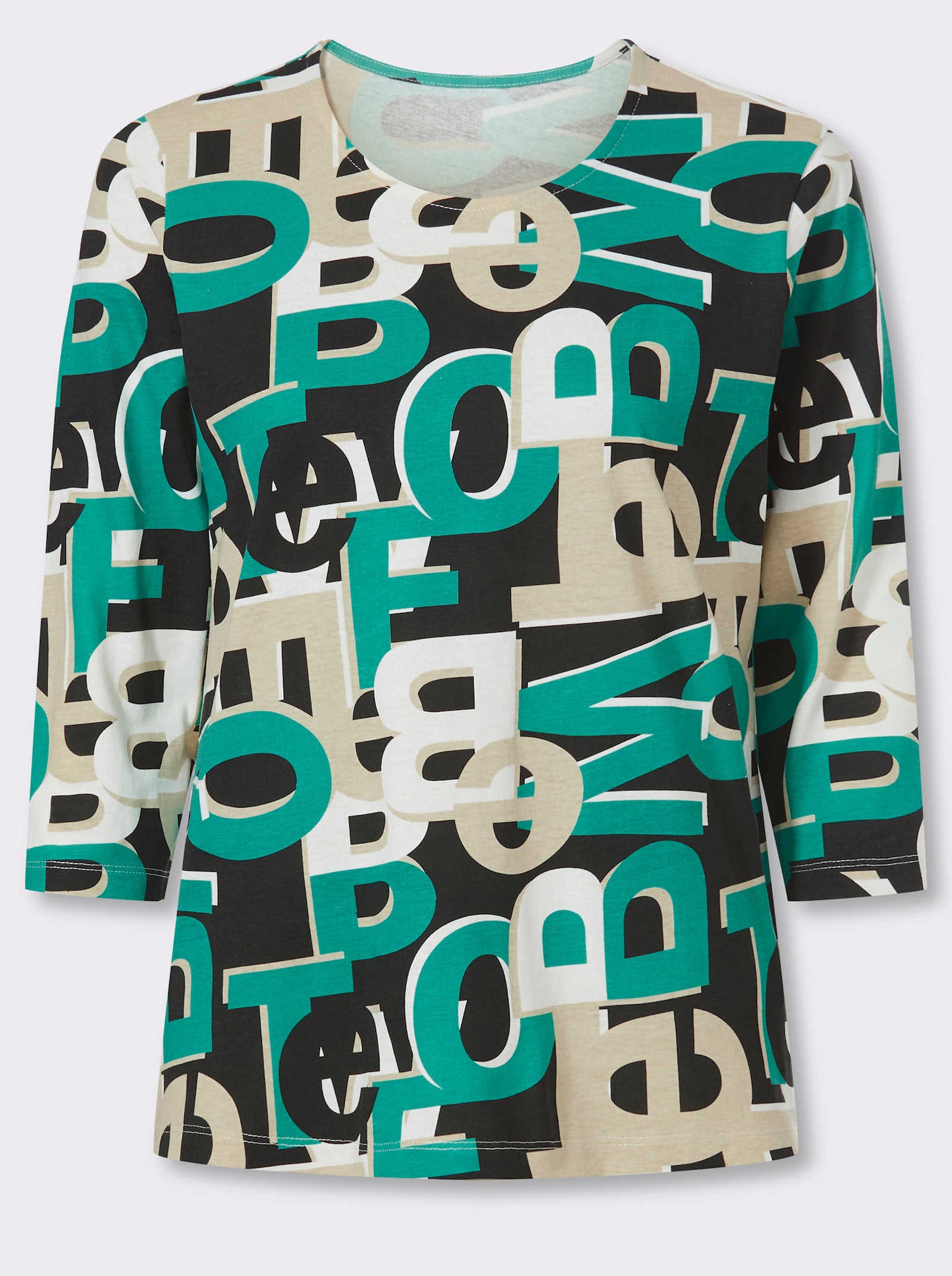3/4-Arm-Shirt mit Lettering-Druck - smaragd-schwarz-bedruckt