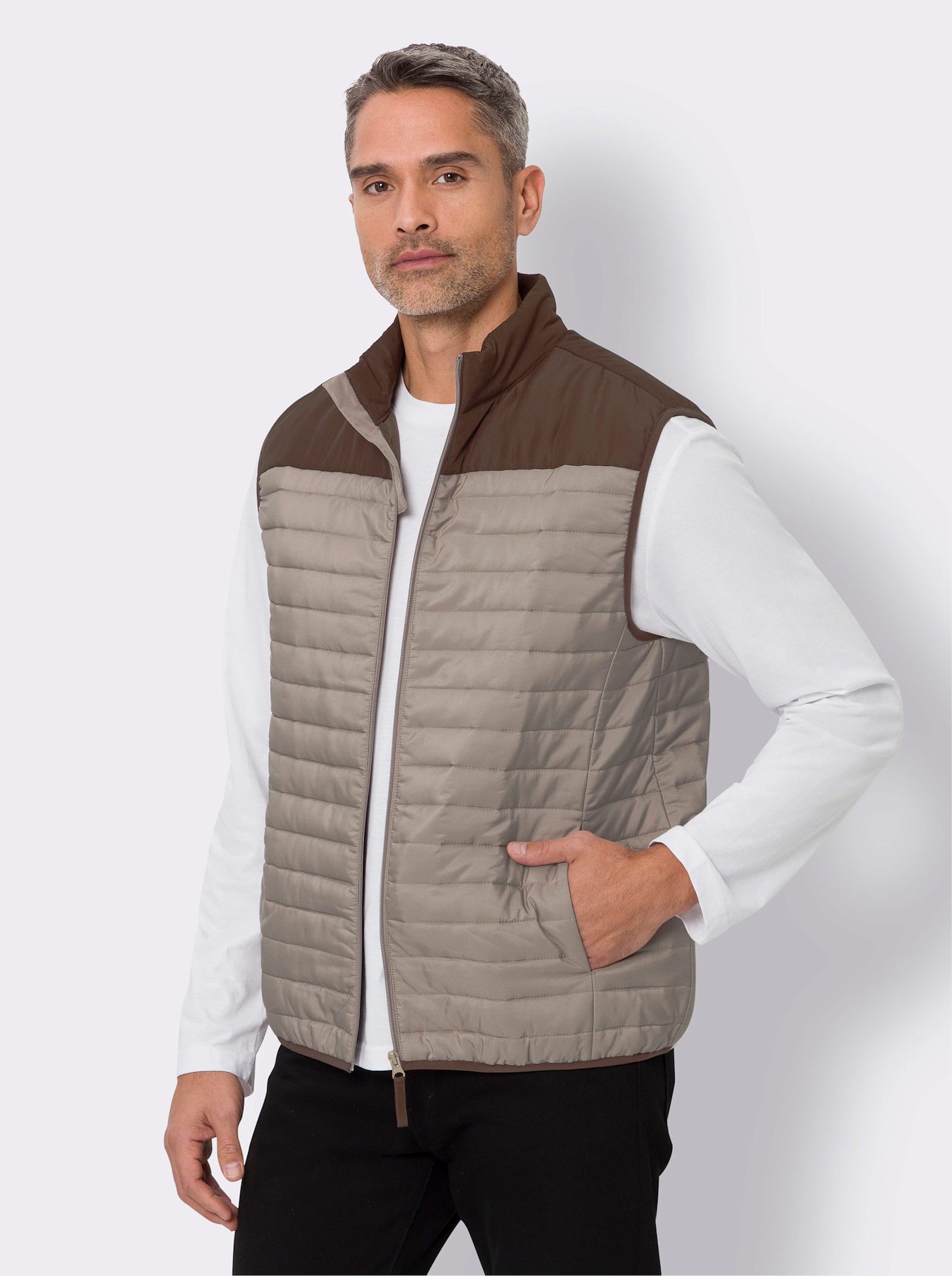 Bodywarmer met contrasten - chocolade/sesam