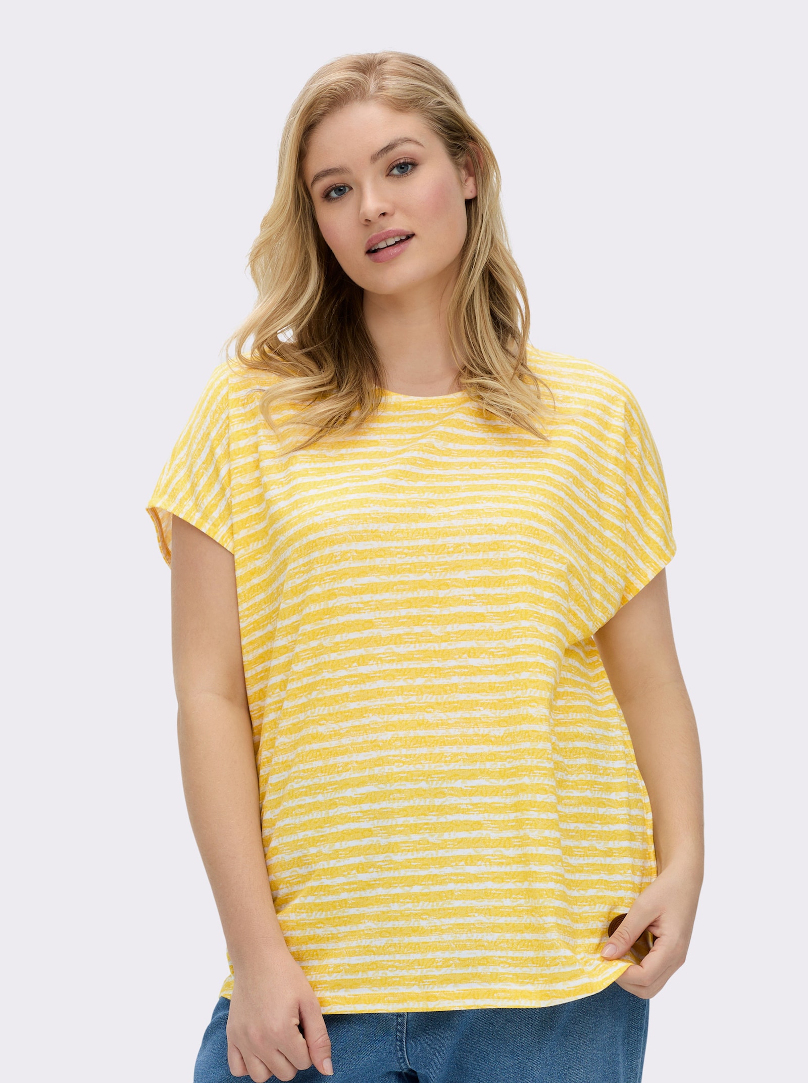 Rundhalsshirt mit weicher Baumwolle - sonnengelb-ecru-geringelt