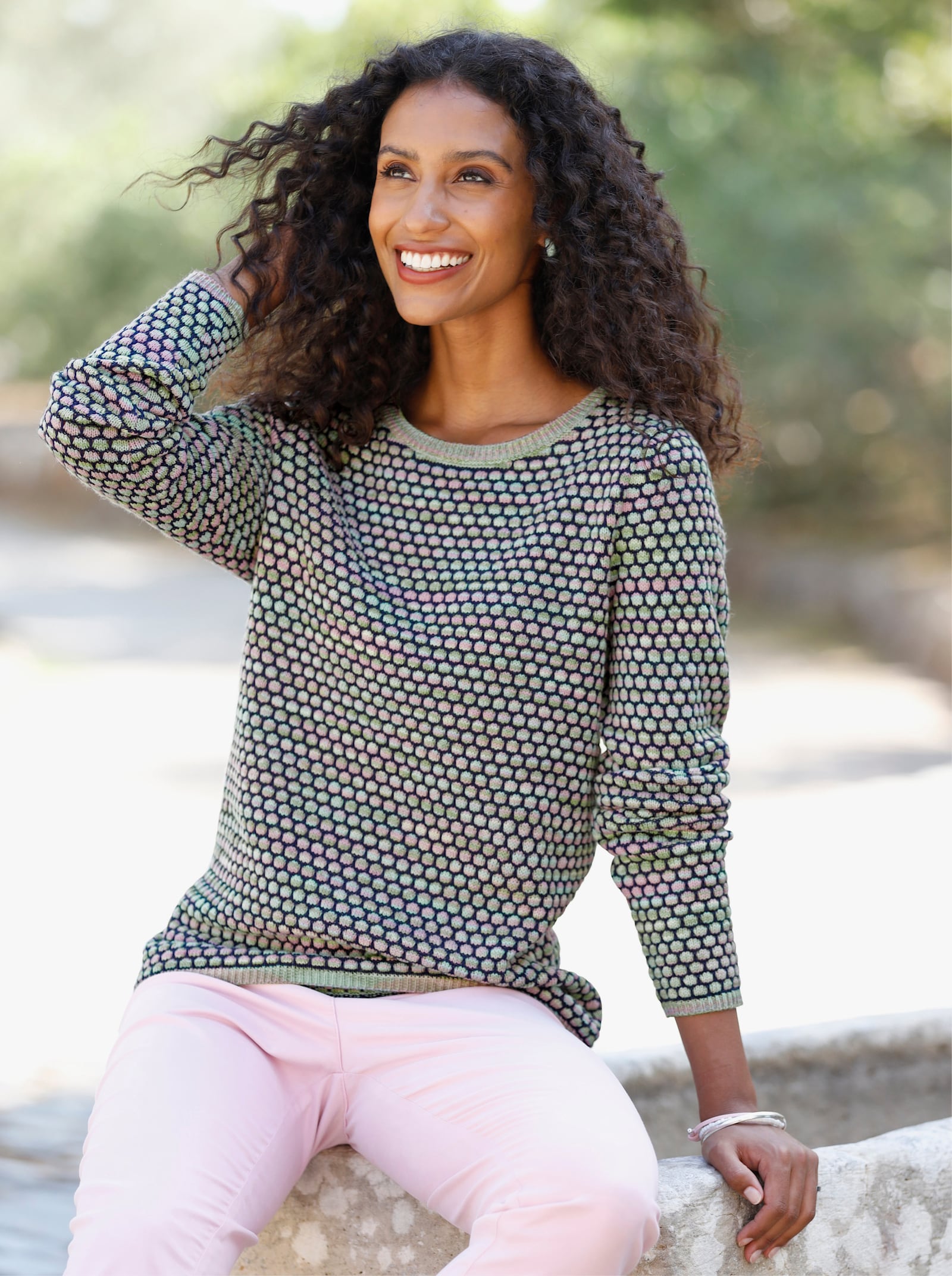 heine Strickpullover in Wabenstruktur - marine-pistazie-gemustert