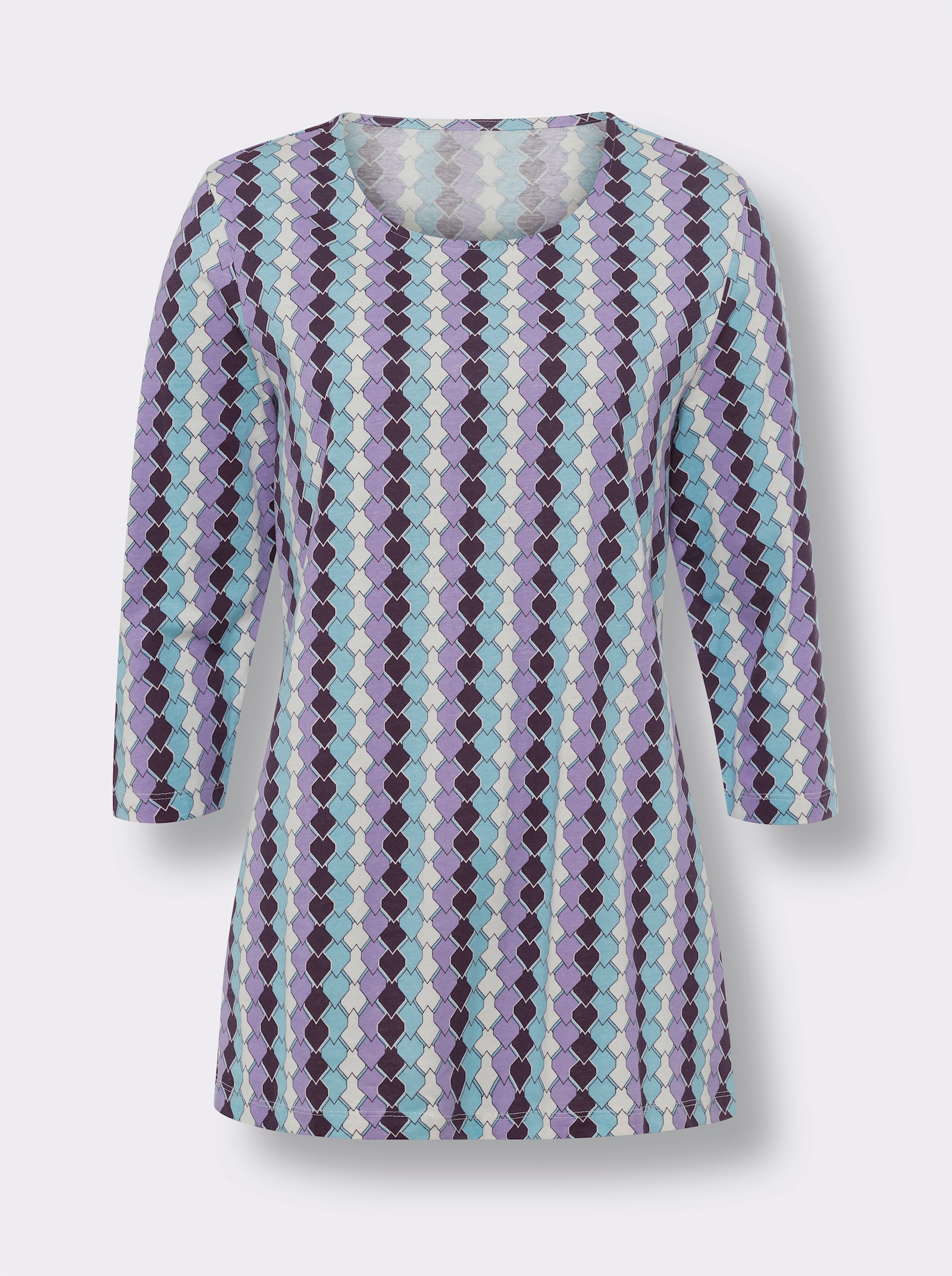 Shirt met 3/4-mouwen in langer model - lavendel/aqua bedrukt