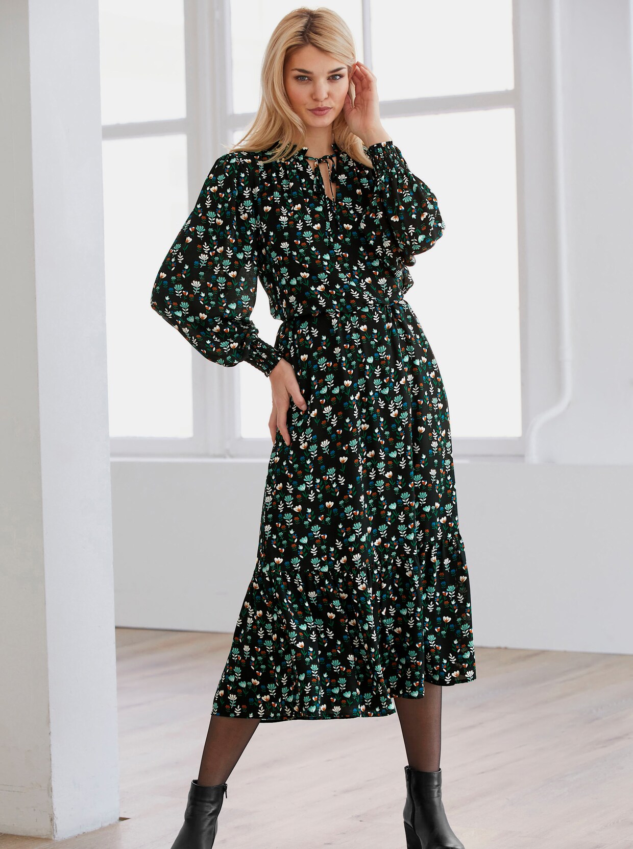 heine Druck-Kleid - schwarz-champagner-bedruckt