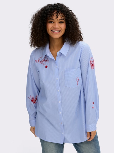 sheego by Joe Browns Baumwollbluse mit Streifen und Stickerei - hellblau-weiß-gestreift