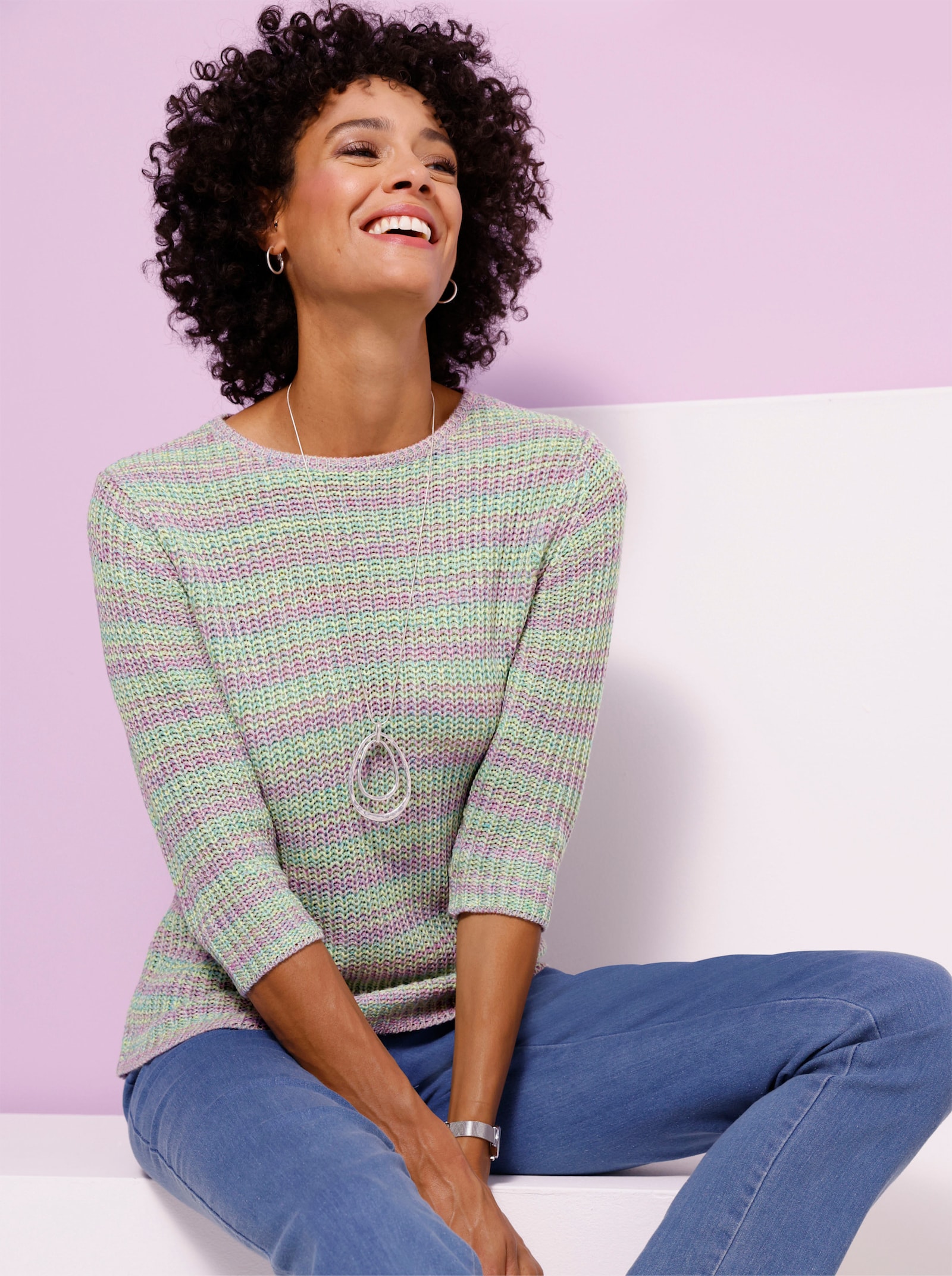 Svetr s 3/4 rukávem s vzhledem hrubého úpletu - mořská-ecru-melír