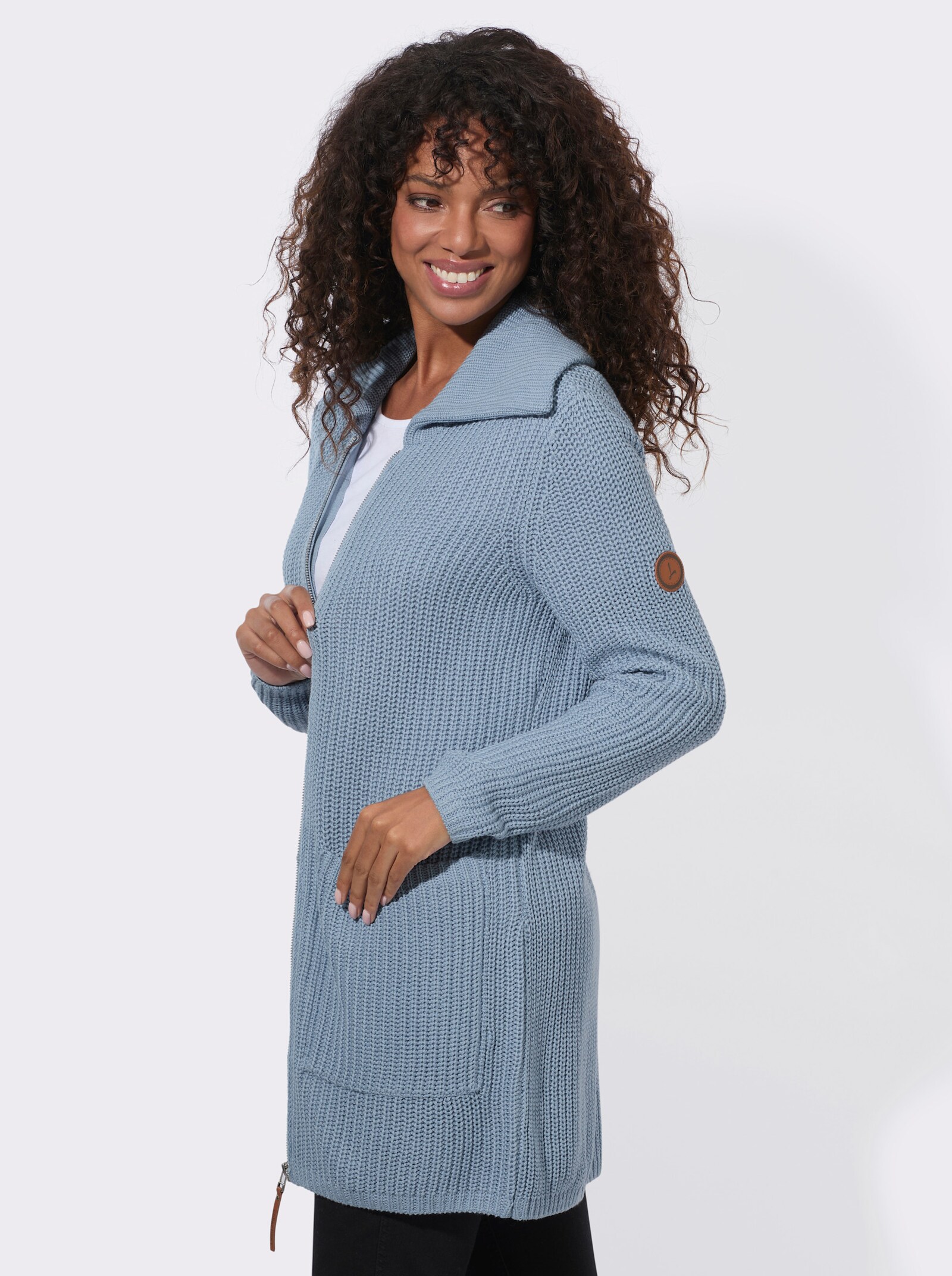 Longstrickjacke mit Umlegekragen - bleu