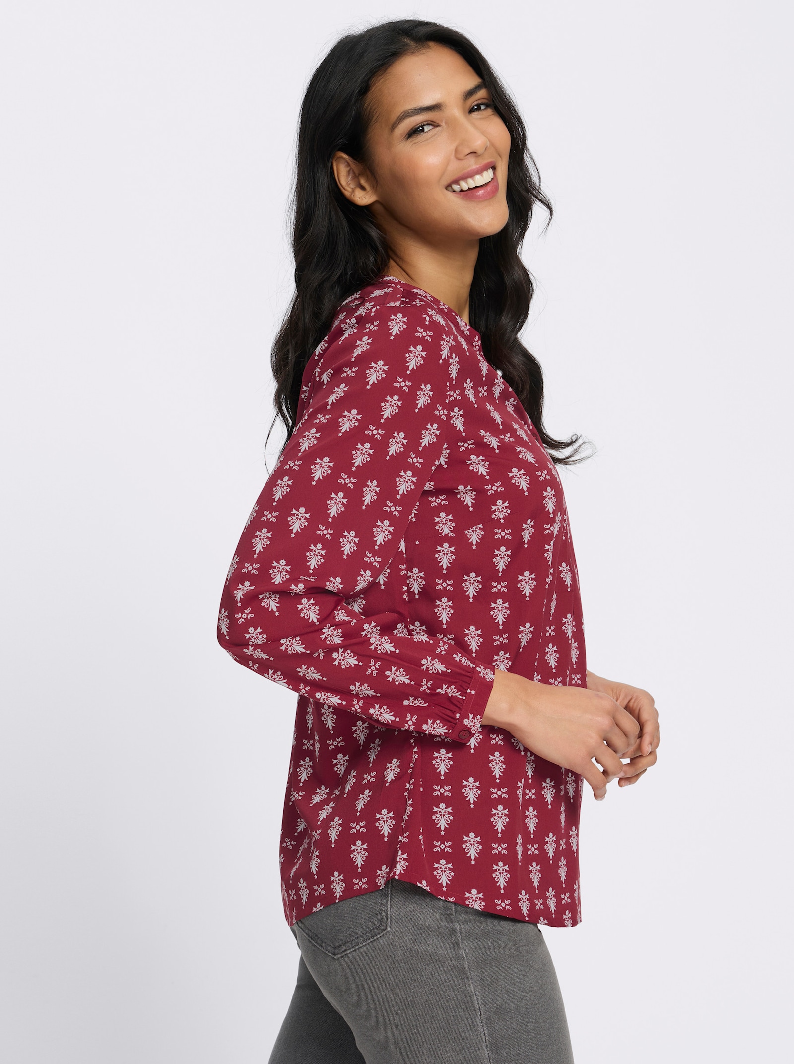 Schlupfbluse mit kurzer Knopfleiste - dunkelrot-ecru-bedruckt