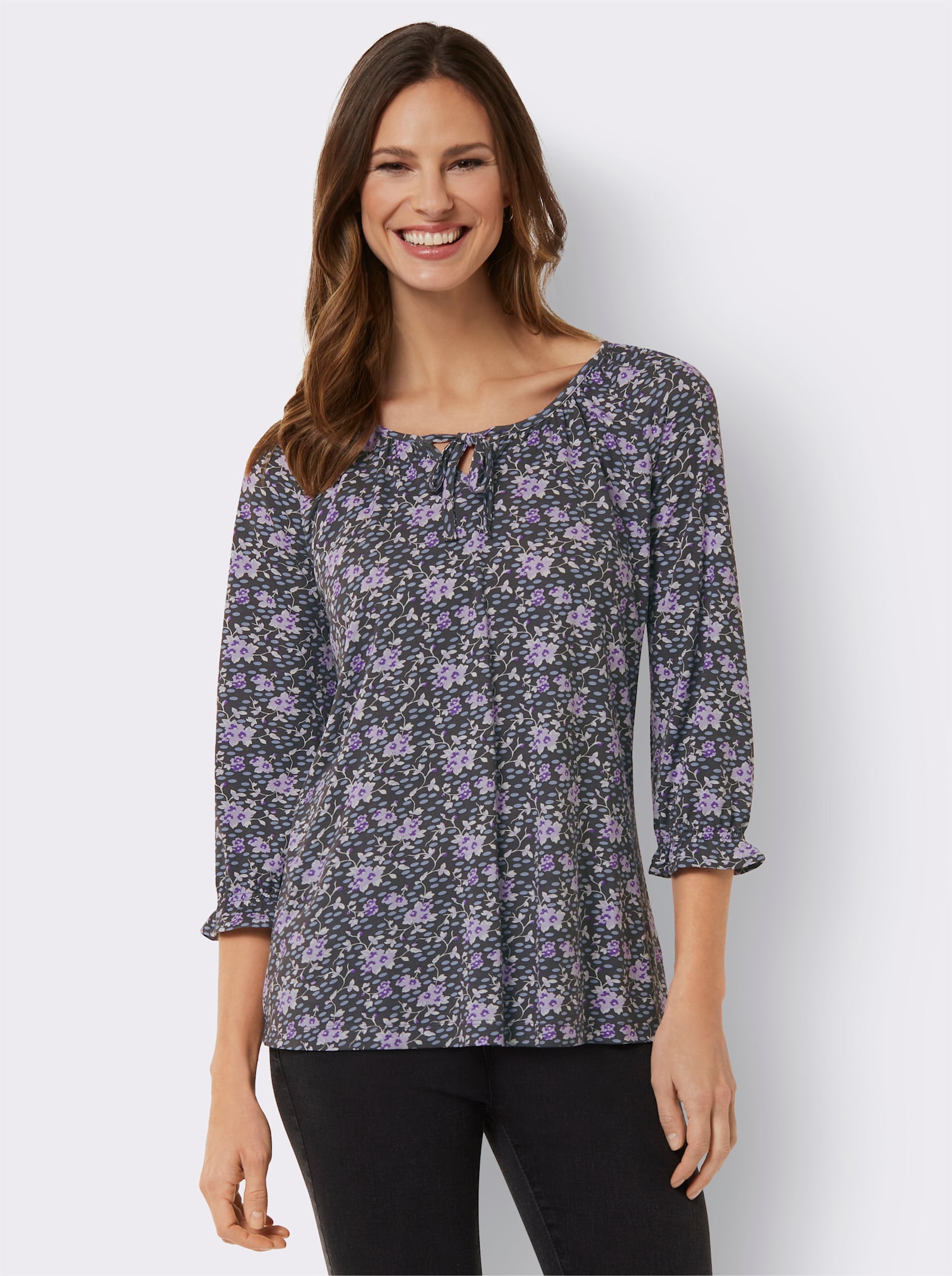 Tunikashirt in weit ausgestellter A-Linie - graphit-flieder-gemustert