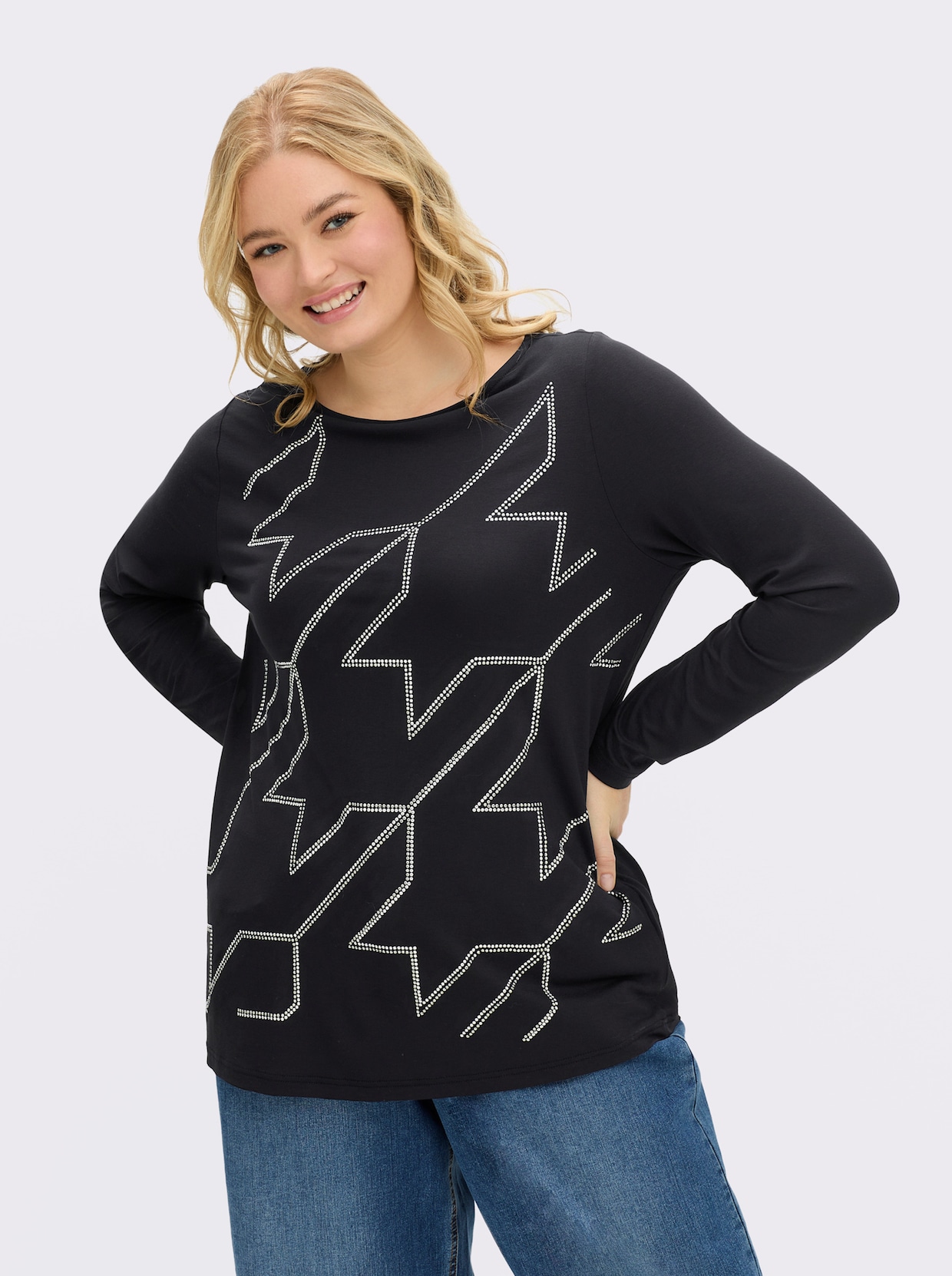 Langarmshirt im Hahnentritt-Dessin - schwarz