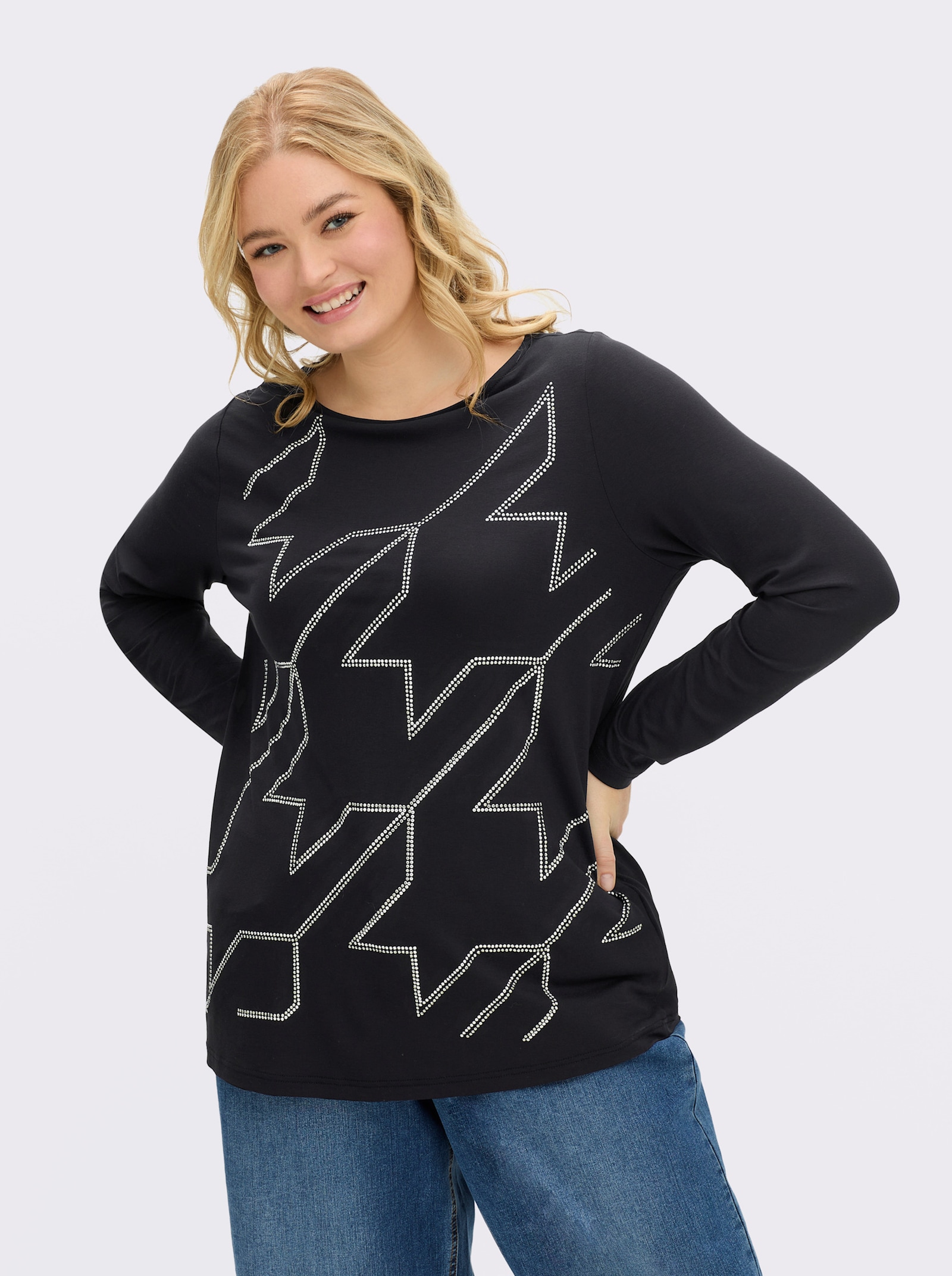 Langarmshirt im Hahnentritt-Dessin - schwarz