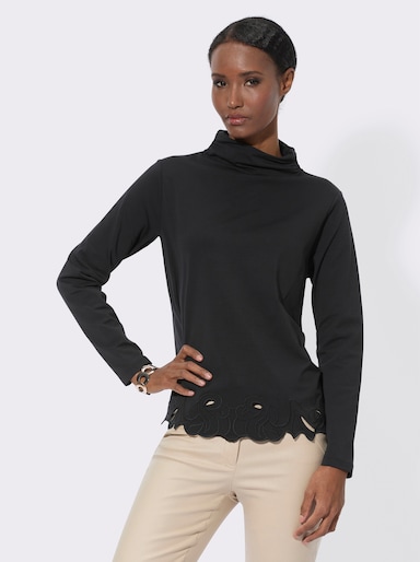 Langarmshirt mit Spitze am Saum - schwarz