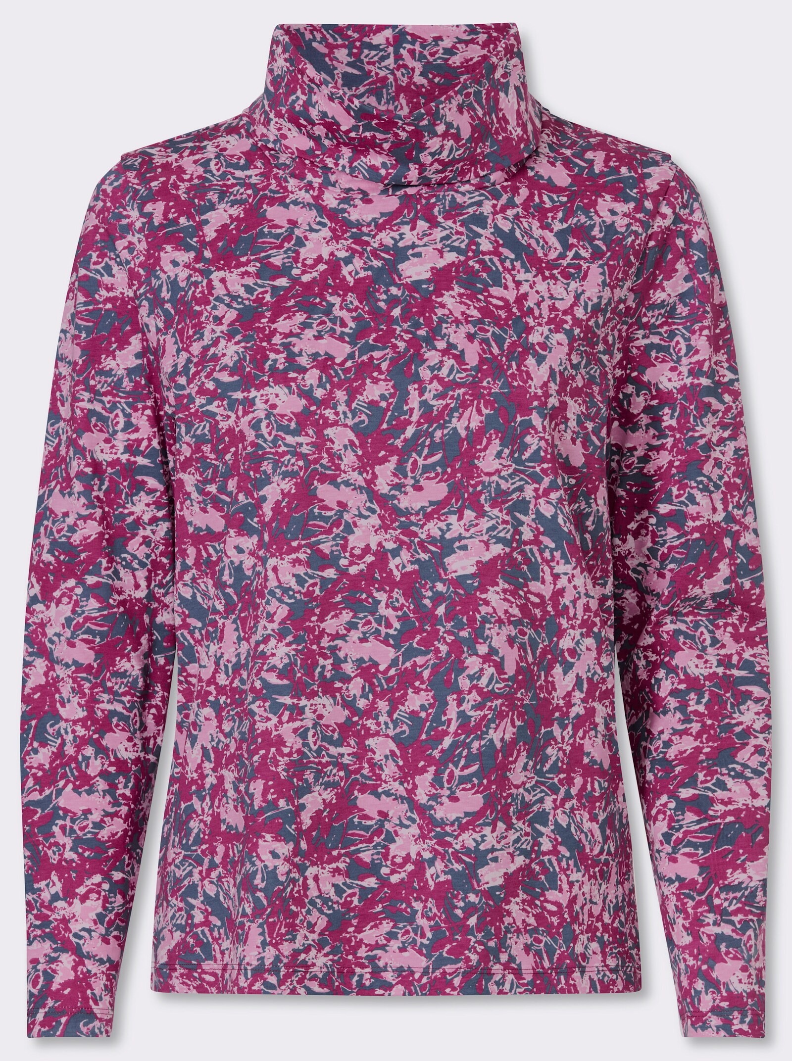 Rollkragenshirt im floralen Dessin - rauchblau-erika-bedruckt