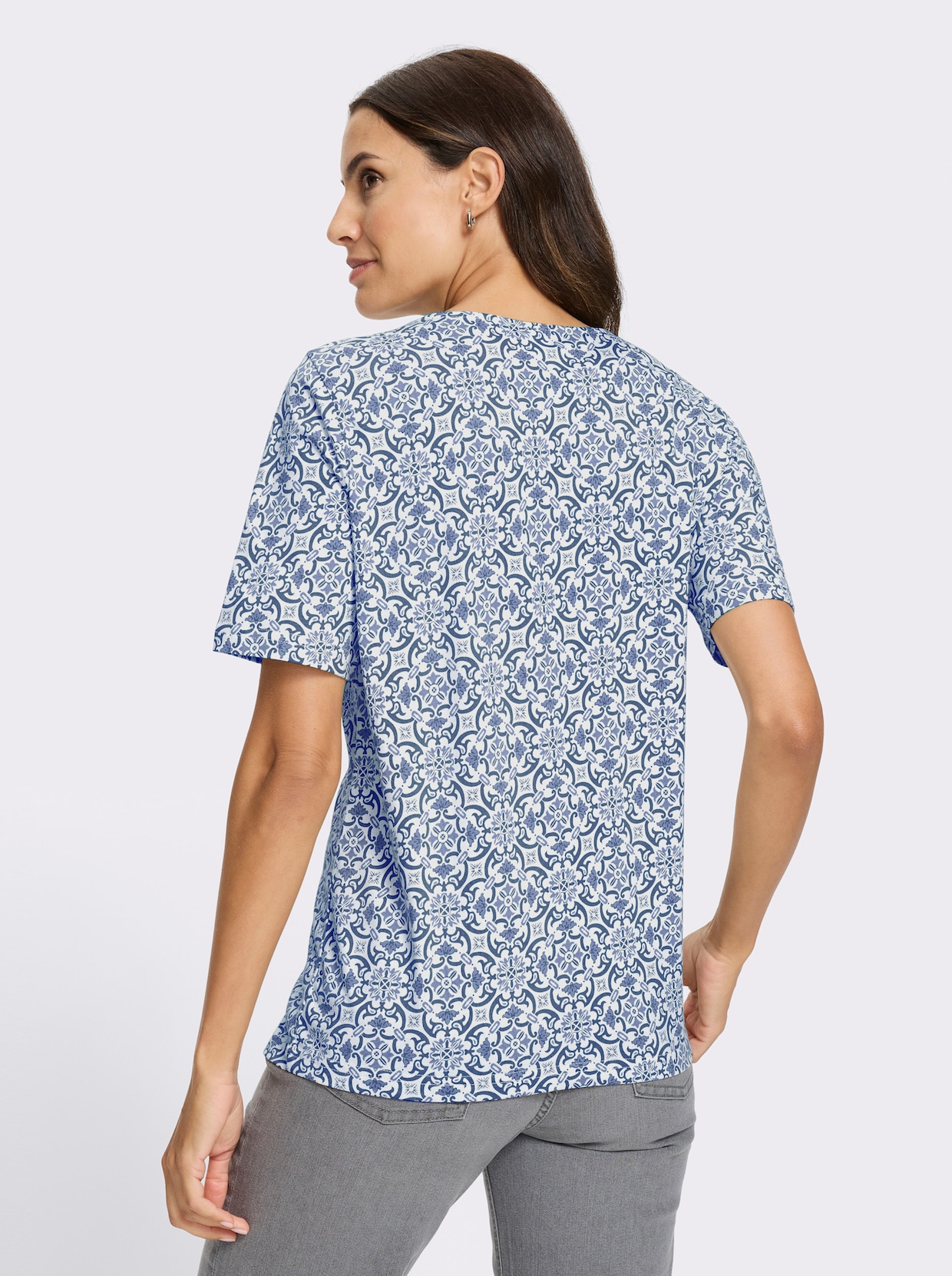 Print-Shirt - ecru-jeansblau-bedruckt