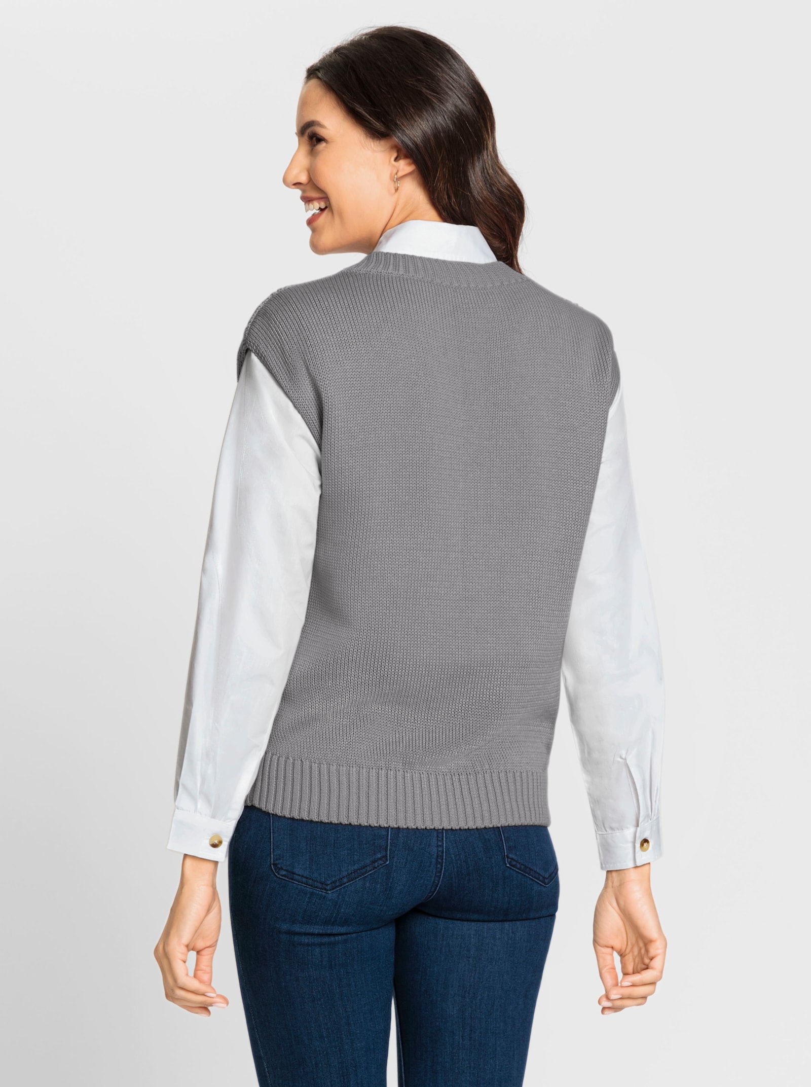 Pullunder mit Zopf- und Ajourmuster - steingrau-meliert