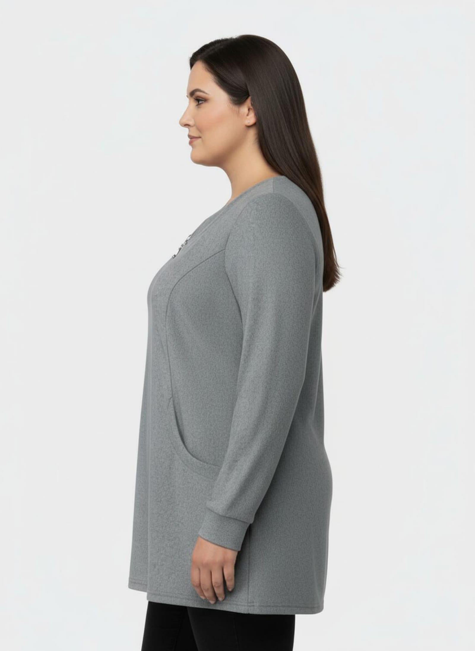 Langarmshirt in angerauter Qualität - hellgrau-schwarz-meliert