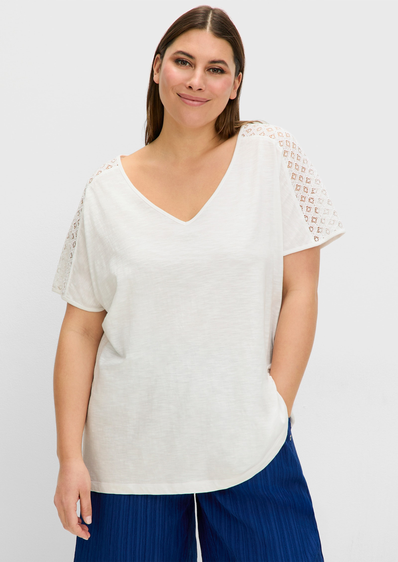 sheego Kurzarmshirt mit Spitze - ecru