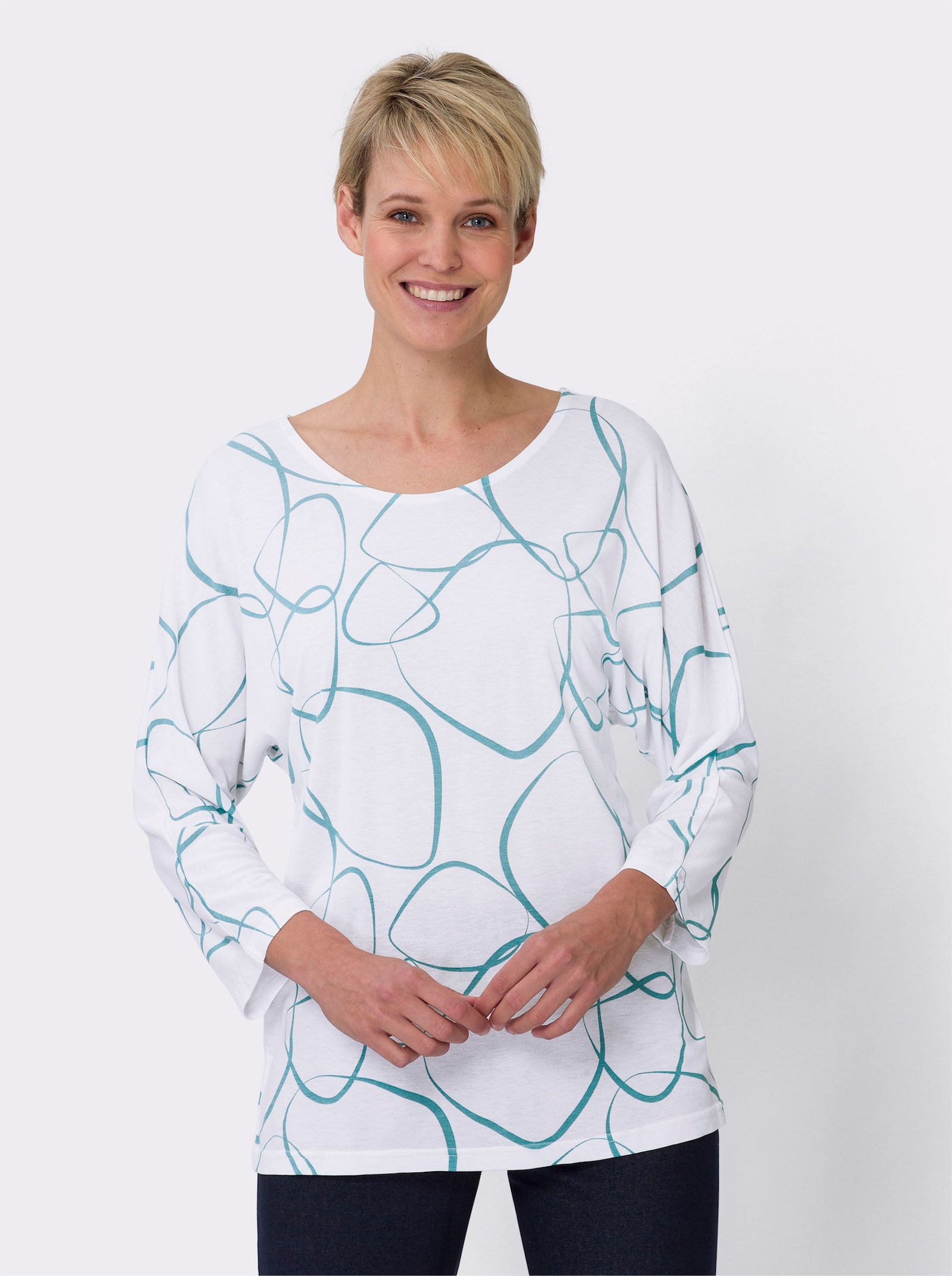 Freizeitshirt mit Muster - weiss-ozean-bedruckt