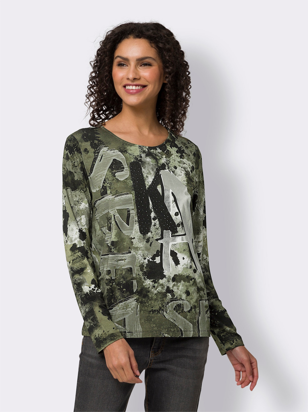heine Shirt met lange mouwen - kaki/zwart bedrukt