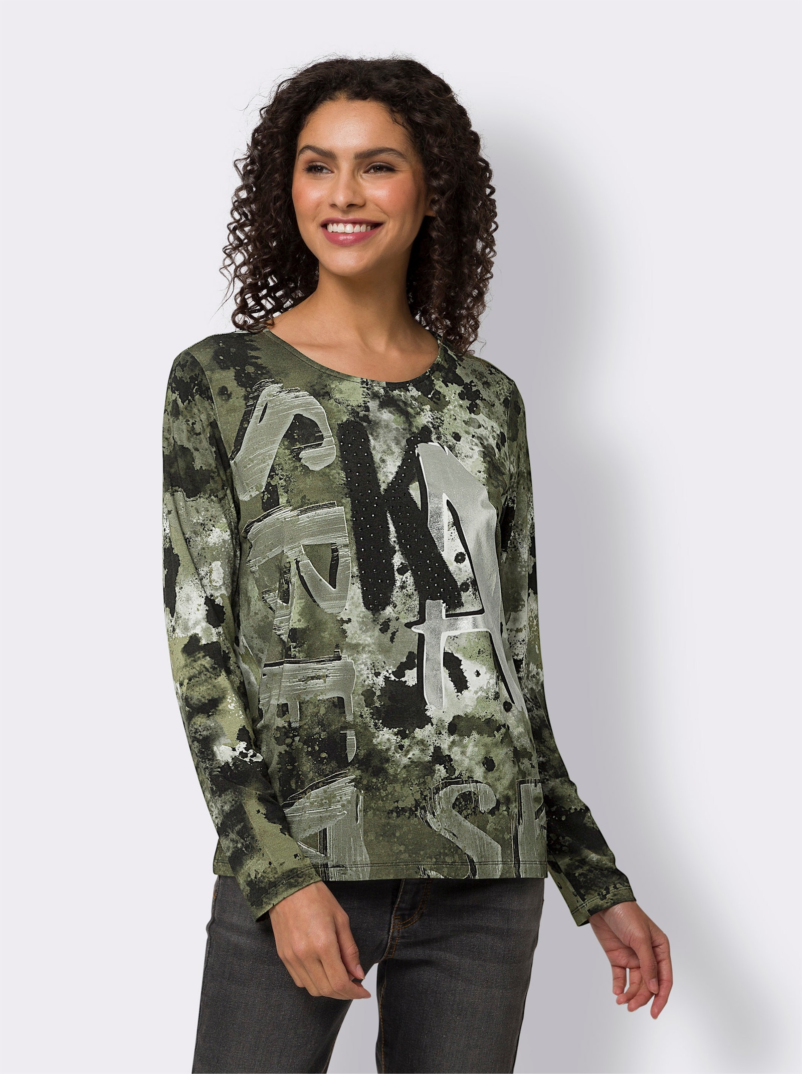 heine T-shirt à manches longues avec imprimé feuille - kaki-noir imprimé