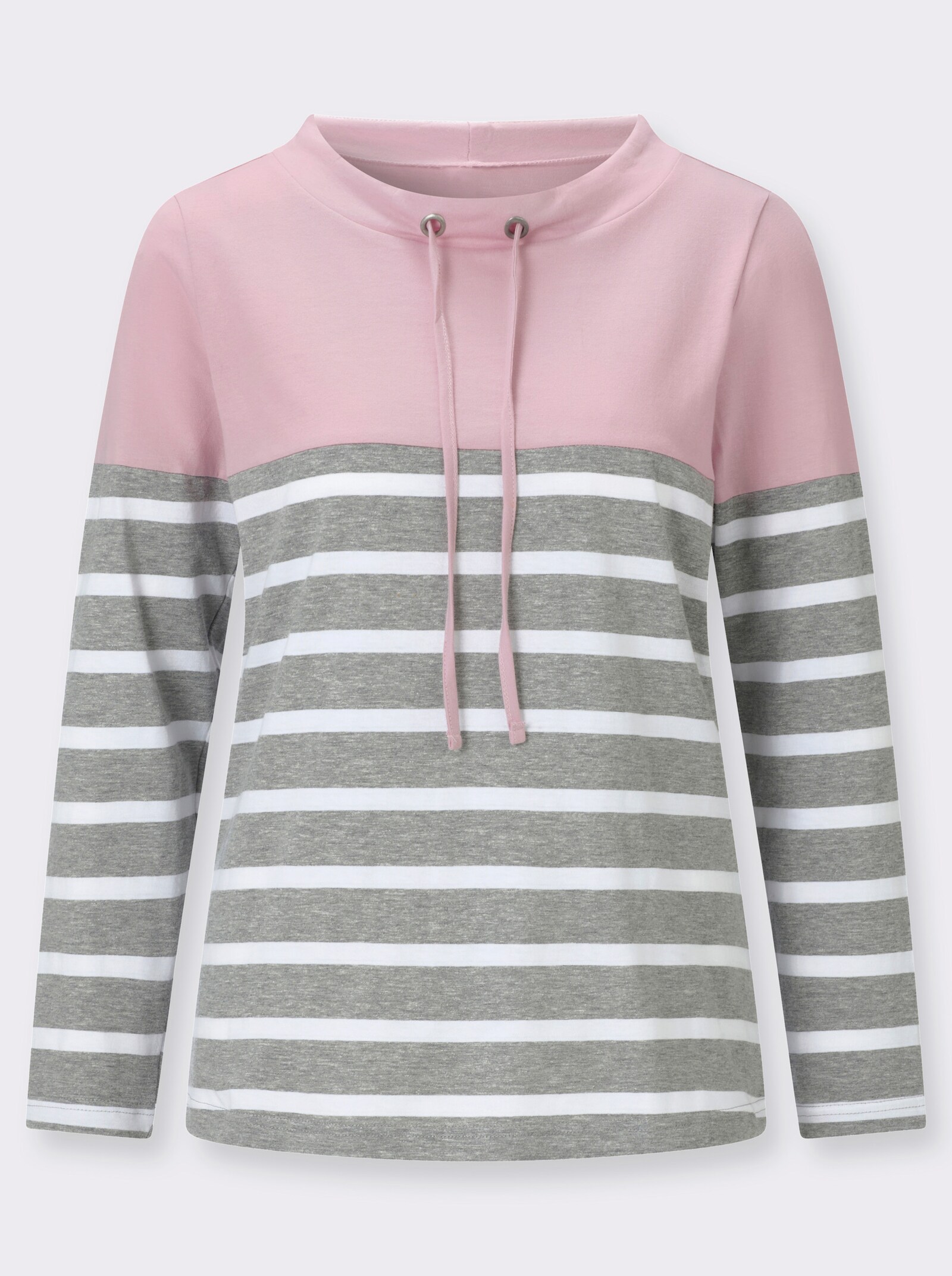 Stehkragenshirt mit Colour-Blocking - rosé-grau-geringelt