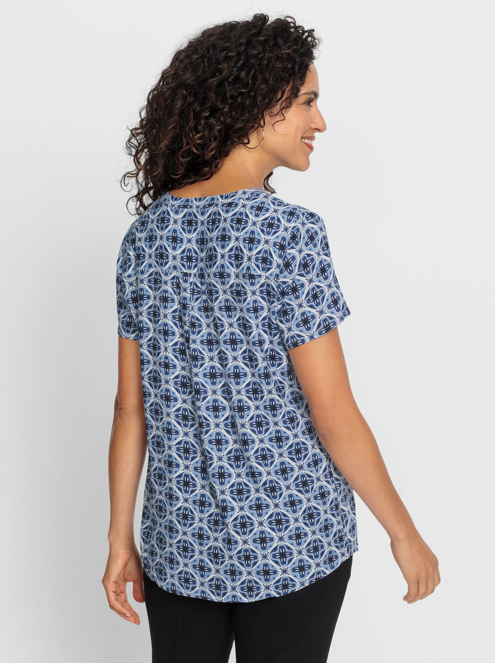 Comfortblouse met print - jeansblauw/ecru bedrukt