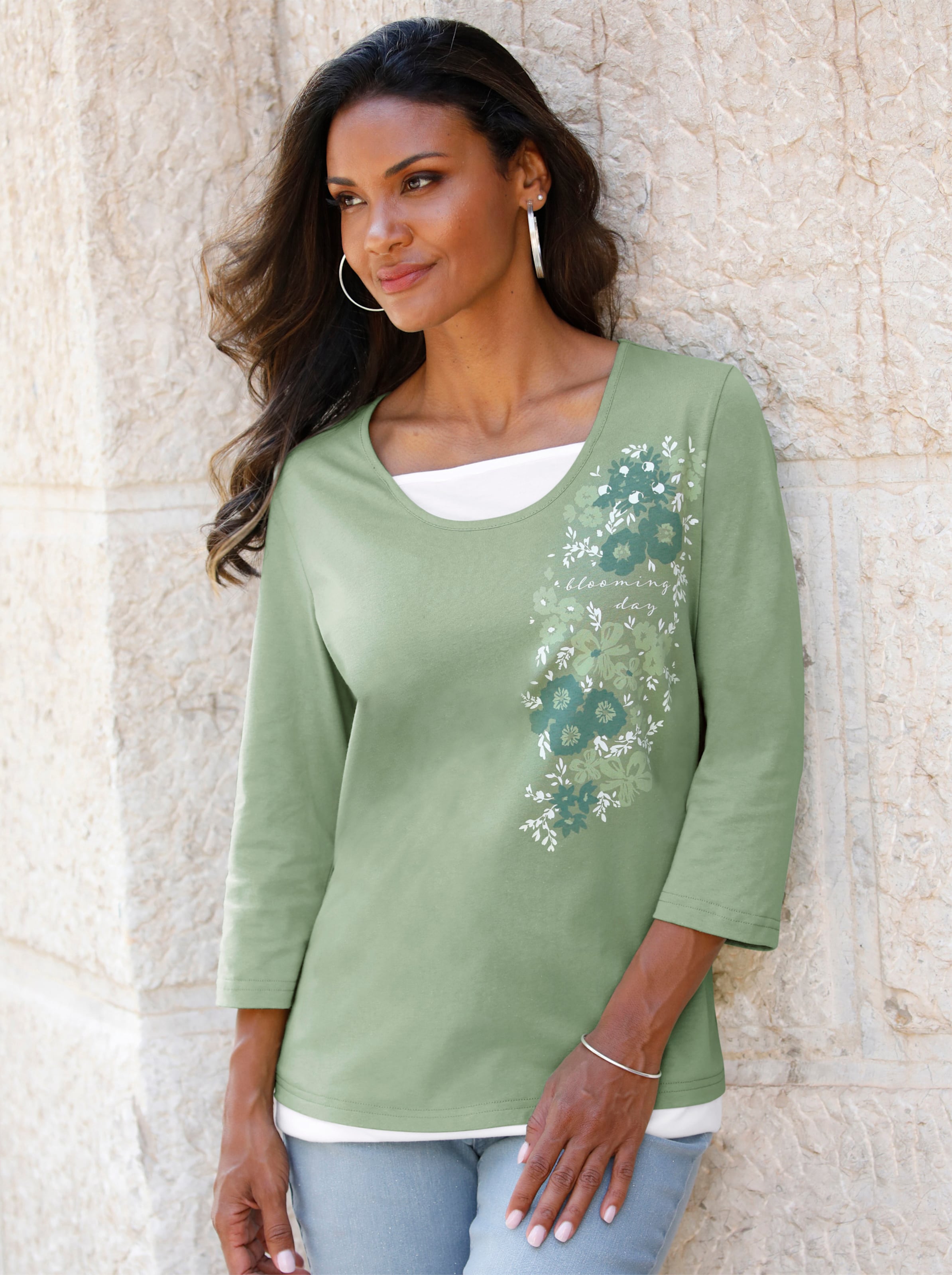 Witt Damen 2-in-1-Shirt mit Blüten-Motiv, eucalyptus-ecru